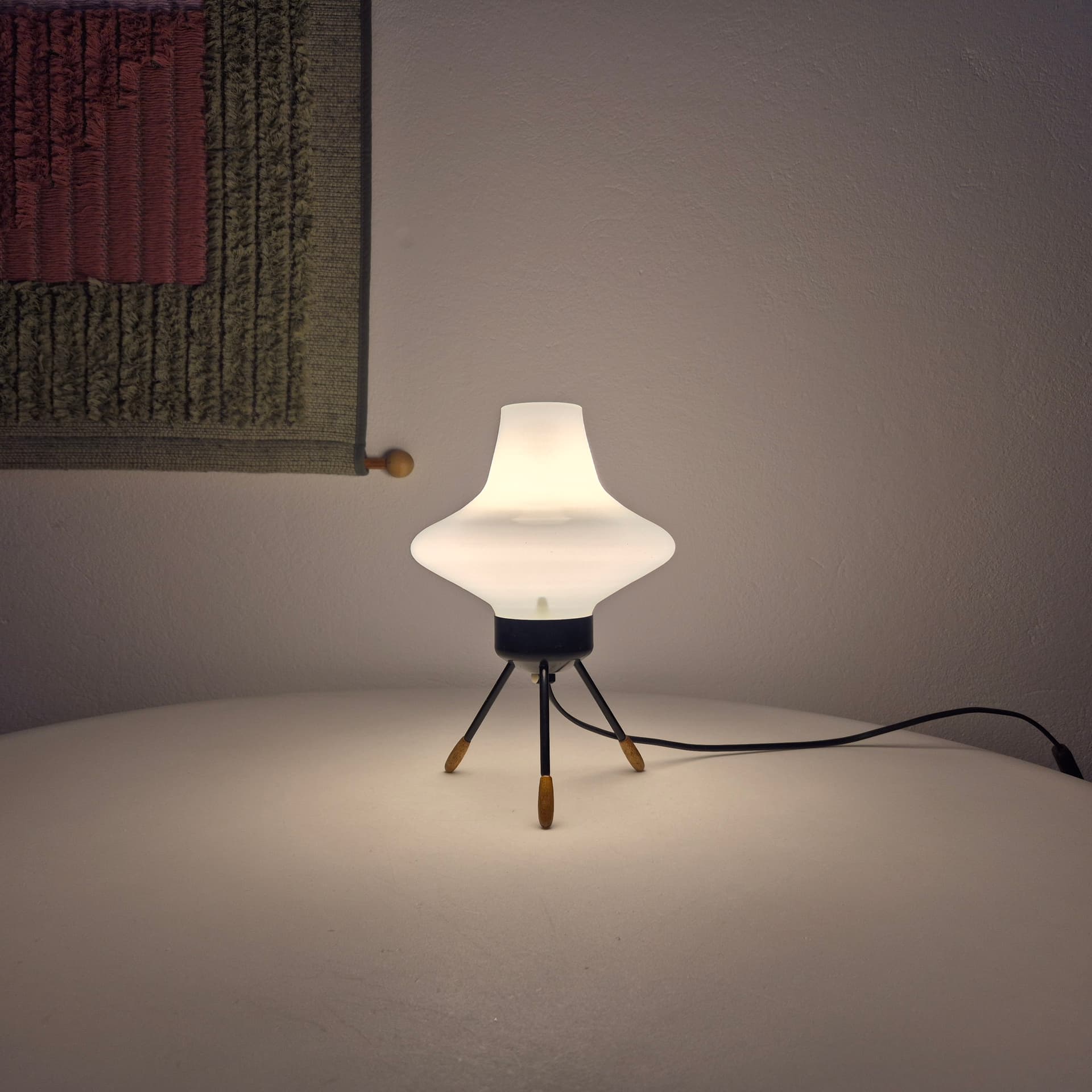 Table lamp type 1155, white glass, black metal, brown wood, by A. Gałecki, Poland, 1960s. - 401283