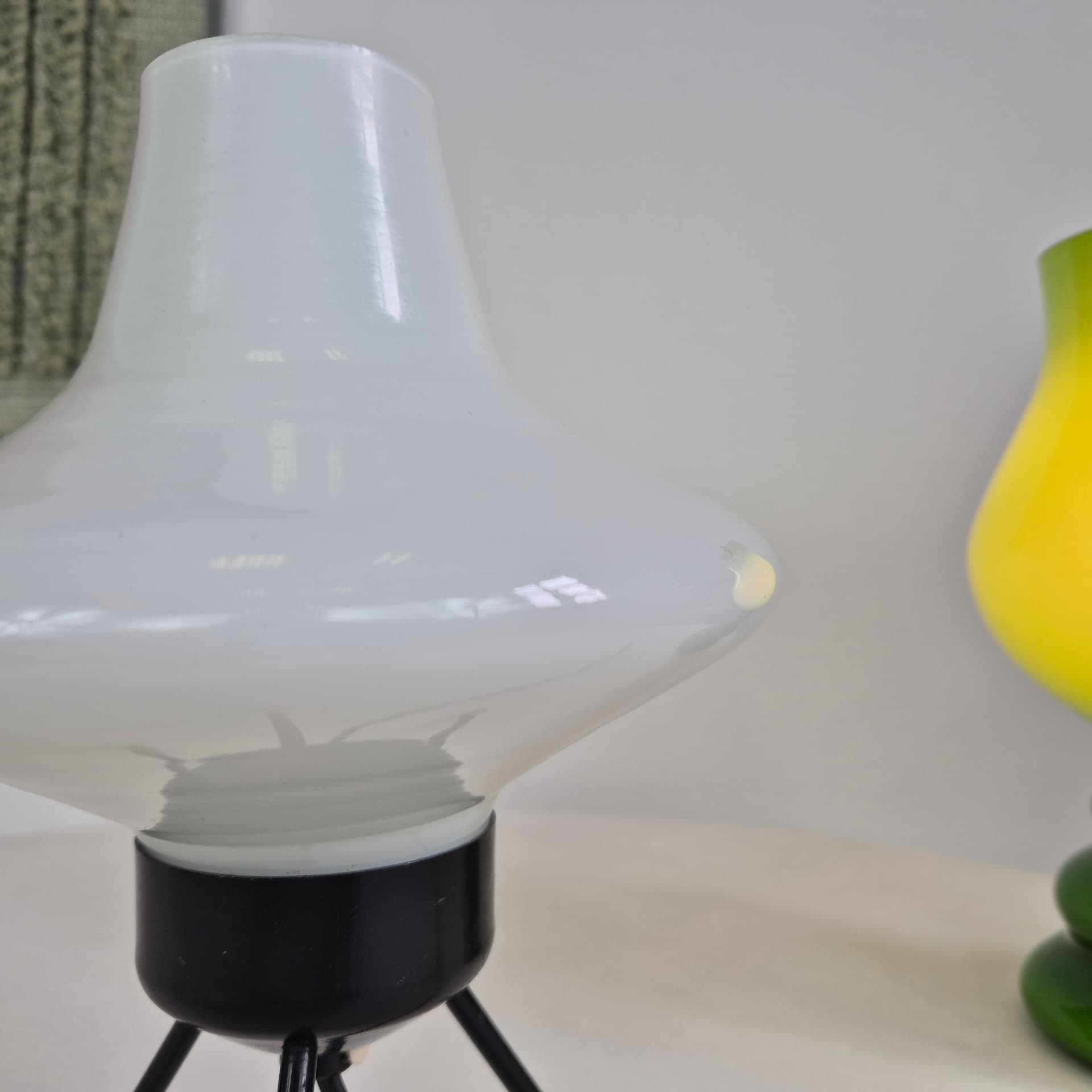 Table lamp type 1155, white glass, black metal, brown wood, by A. Gałecki, Poland, 1960s. - 401278