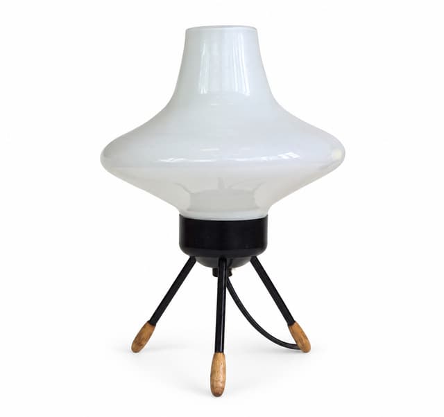 Table lamp type 1155, white glass, black metal, brown wood, by A. Gałecki, Poland, 1960s. - DIMENSION