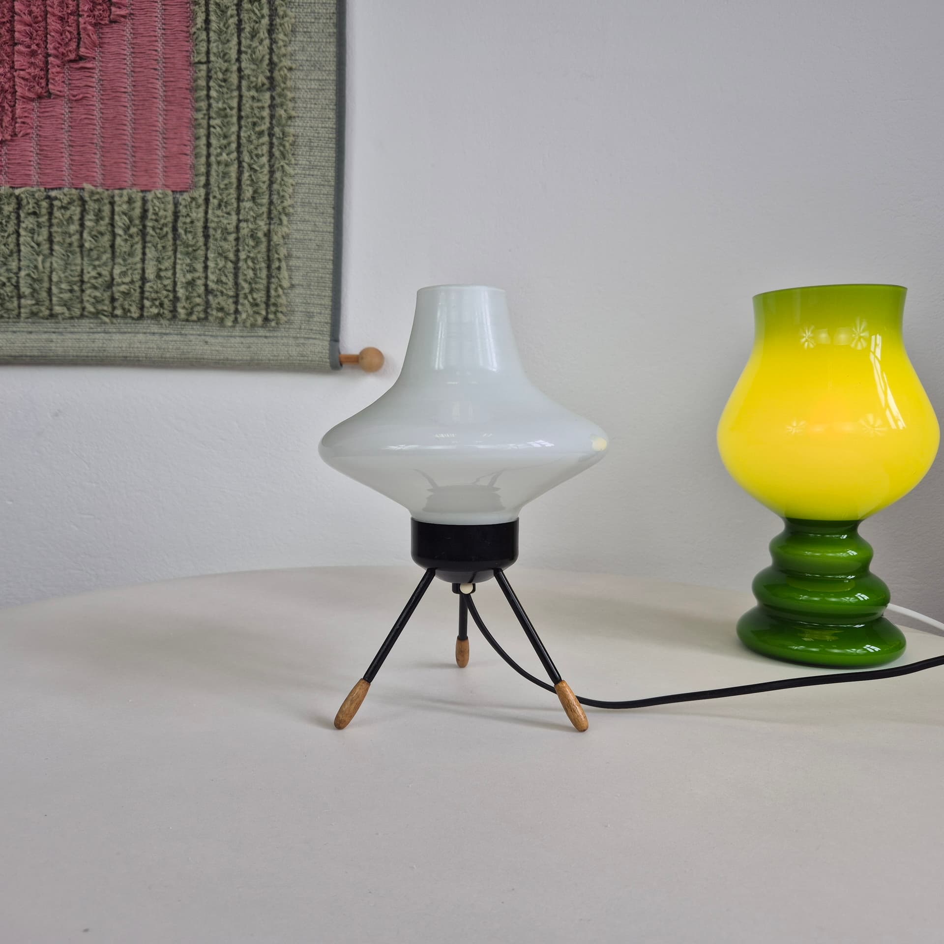 Table lamp type 1155, white glass, black metal, brown wood, by A. Gałecki, Poland, 1960s. - 401282