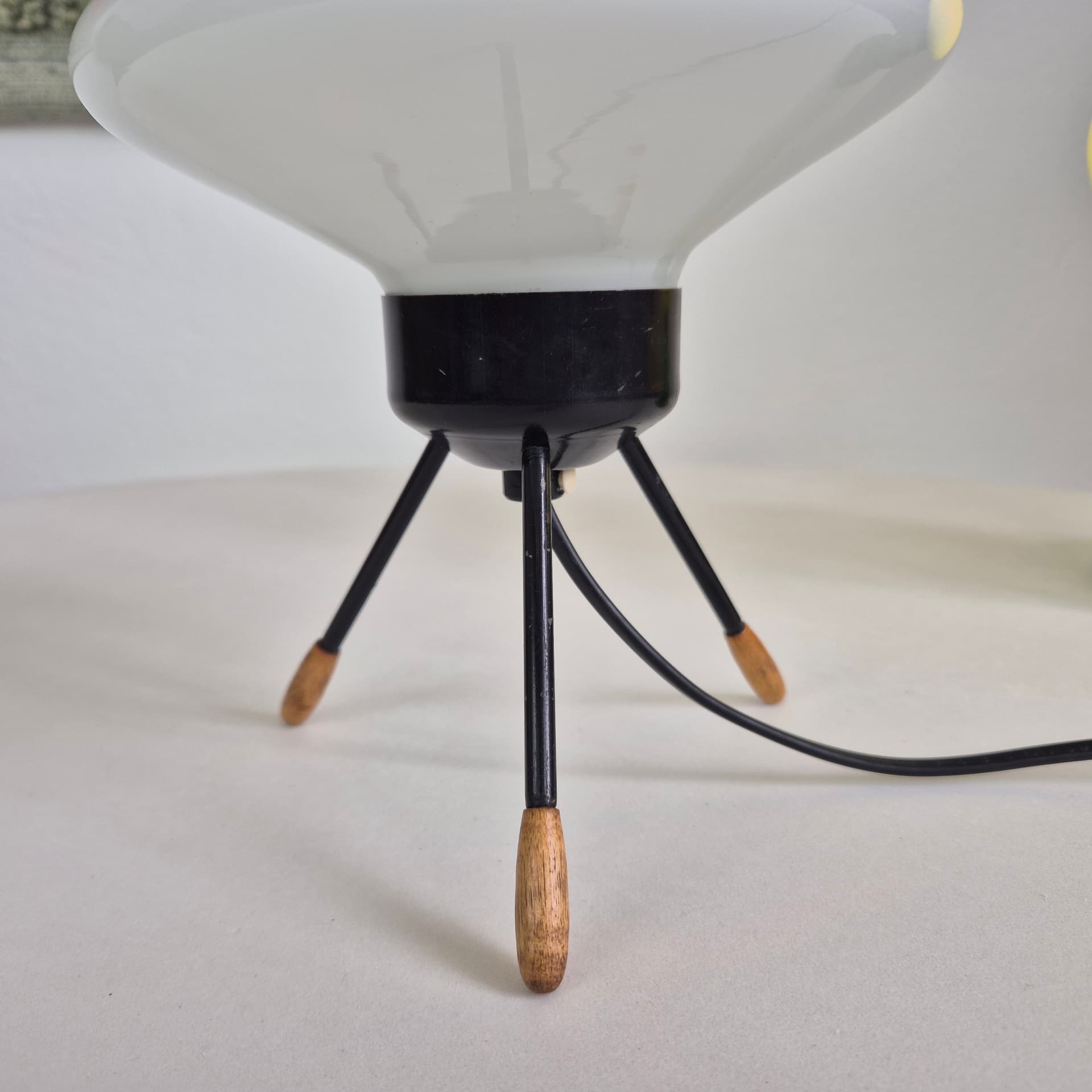 Table lamp type 1155, white glass, black metal, brown wood, by A. Gałecki, Poland, 1960s. - 401280