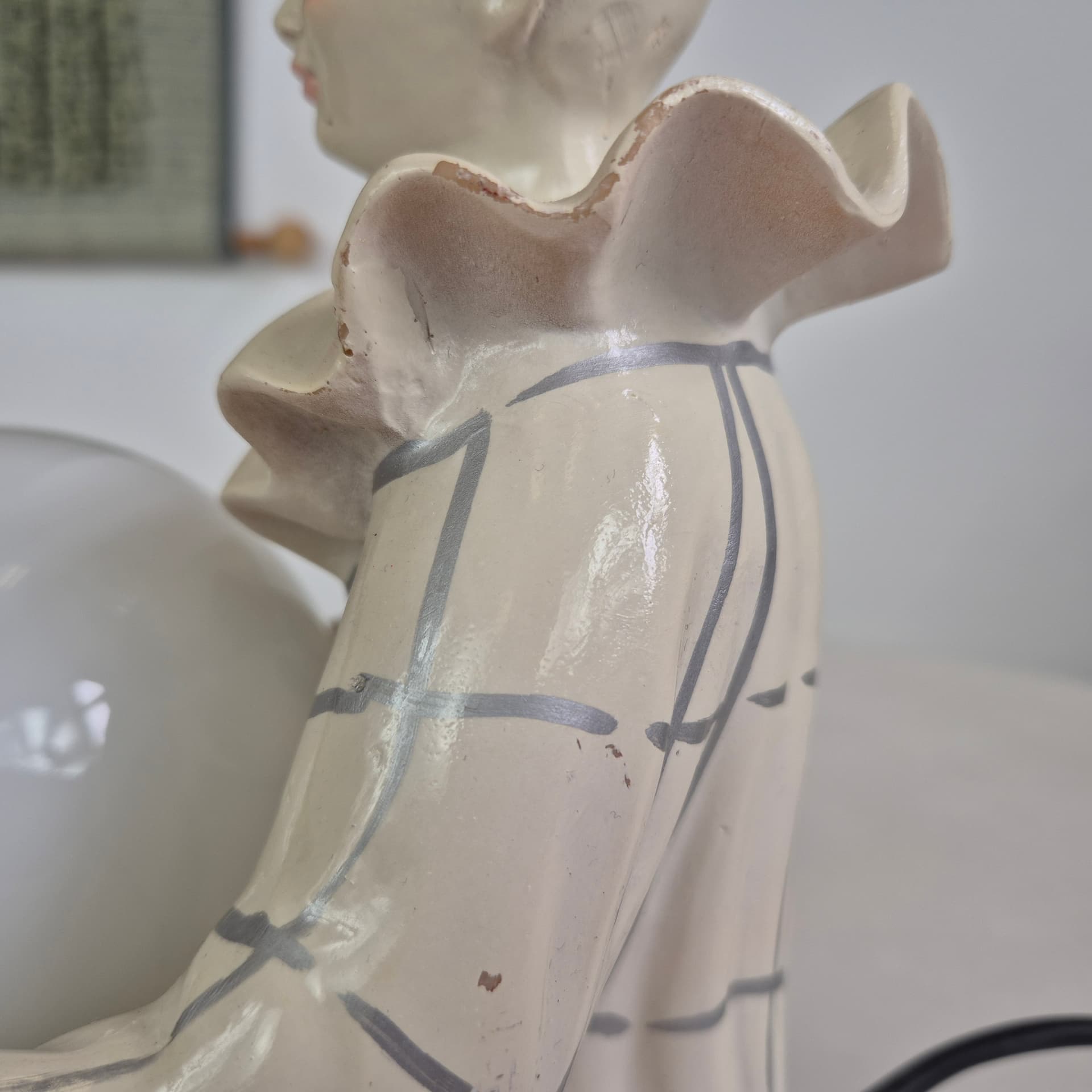 Table lamp Pierrot, beige black white red, ceramic glass, Italy, 1960s. - 401334