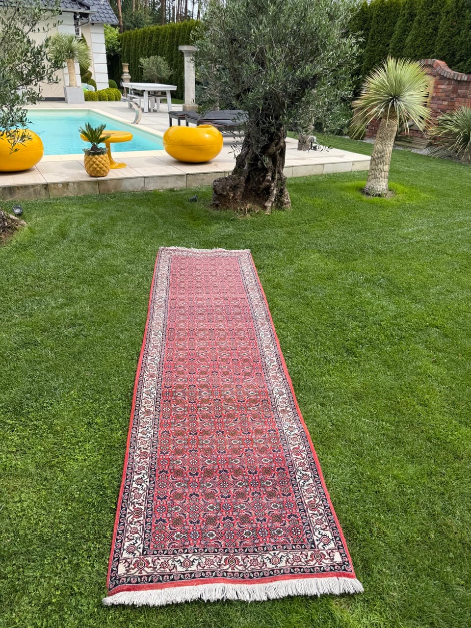 Runner Bidjar 305x85 cm, red blue white beige, Kashmiri wool, Iran - 401404