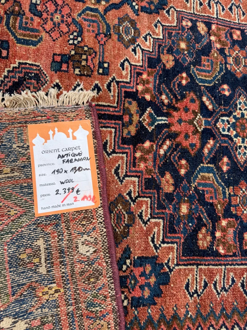 Rug Farahan 190x130 cm, blue red beige white, wool, Iran, 1930s. - 401415