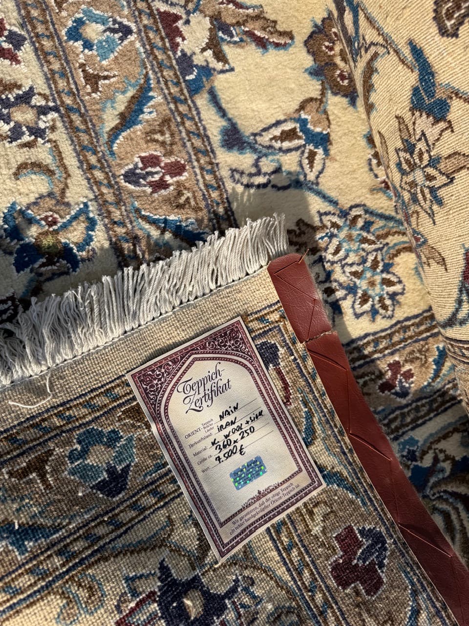 Dywan Nain 360x250 cm, kremowy niebieski brązowy, wełna kaszmirowa jedwab, Iran - 401476
