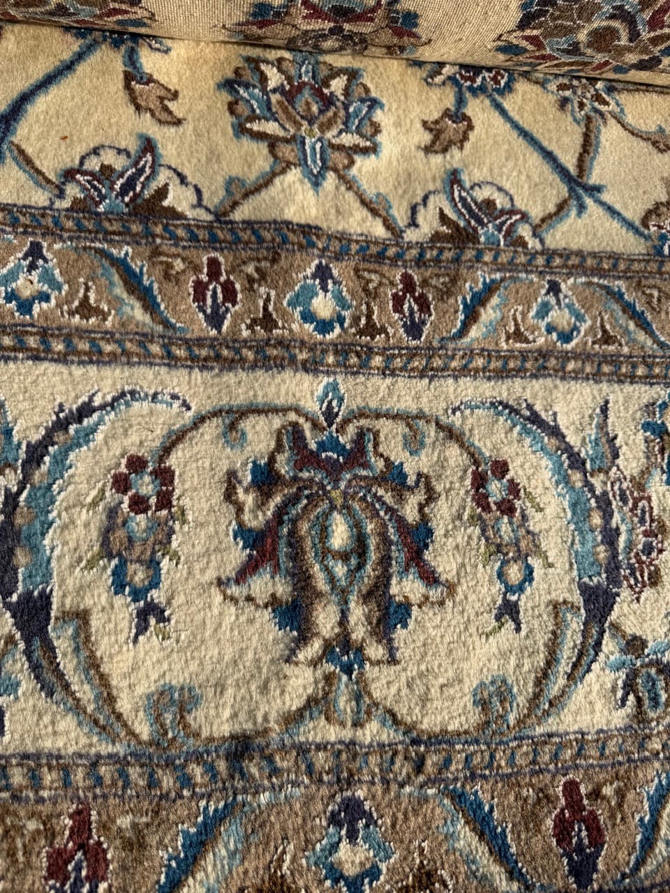 Dywan Nain 360x250 cm, kremowy niebieski brązowy, wełna kaszmirowa jedwab, Iran - 401480