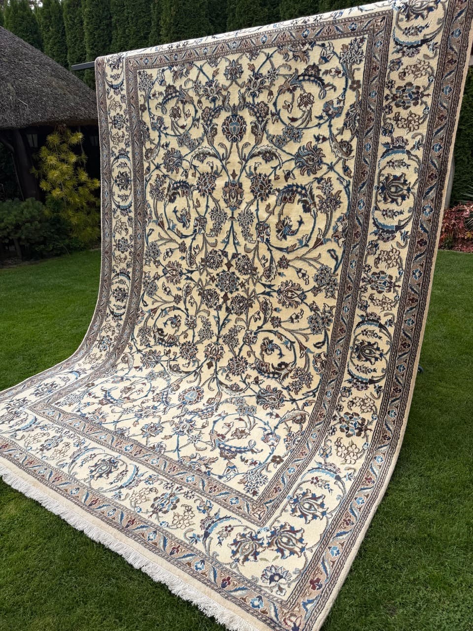 Dywan Nain 360x250 cm, kremowy niebieski brązowy, wełna kaszmirowa jedwab, Iran - 401477