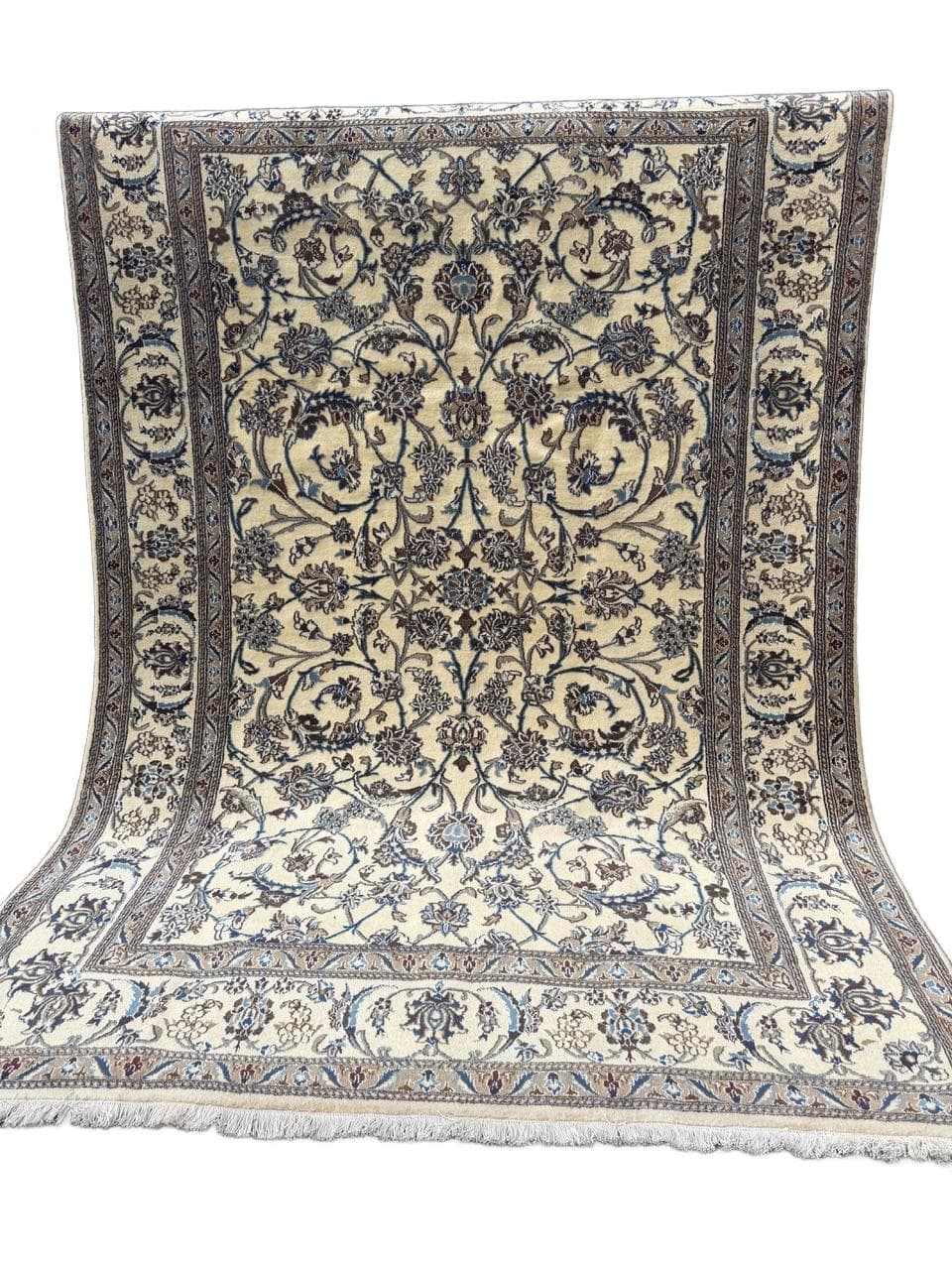 Dywan Nain 360x250 cm, kremowy niebieski brązowy, wełna kaszmirowa jedwab, Iran