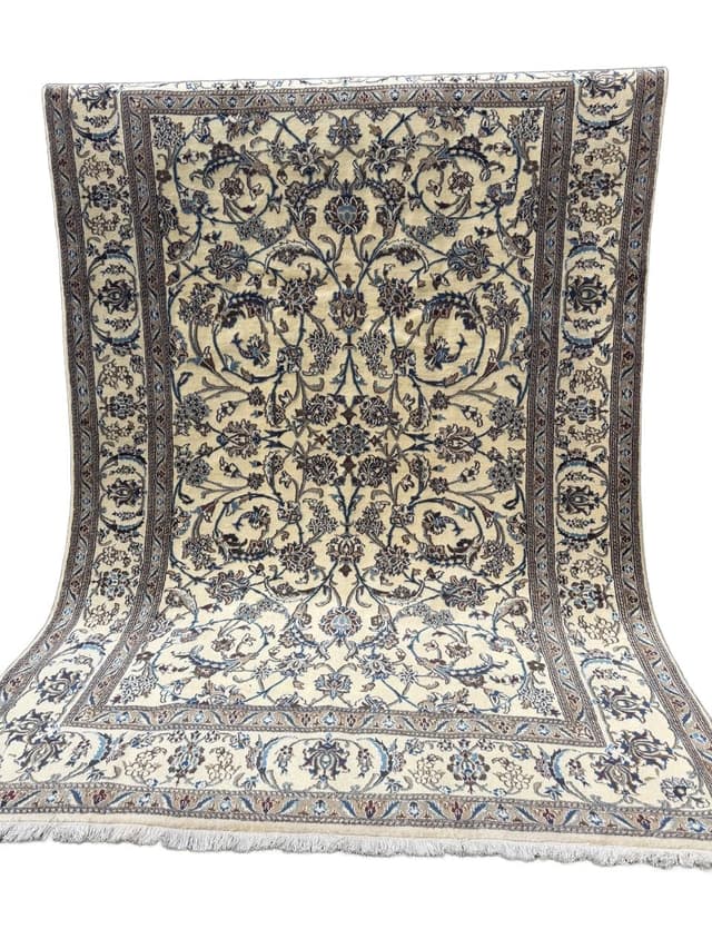 Dywan Nain 360x250 cm, kremowy niebieski brązowy, wełna kaszmirowa jedwab, Iran - WYMIARY