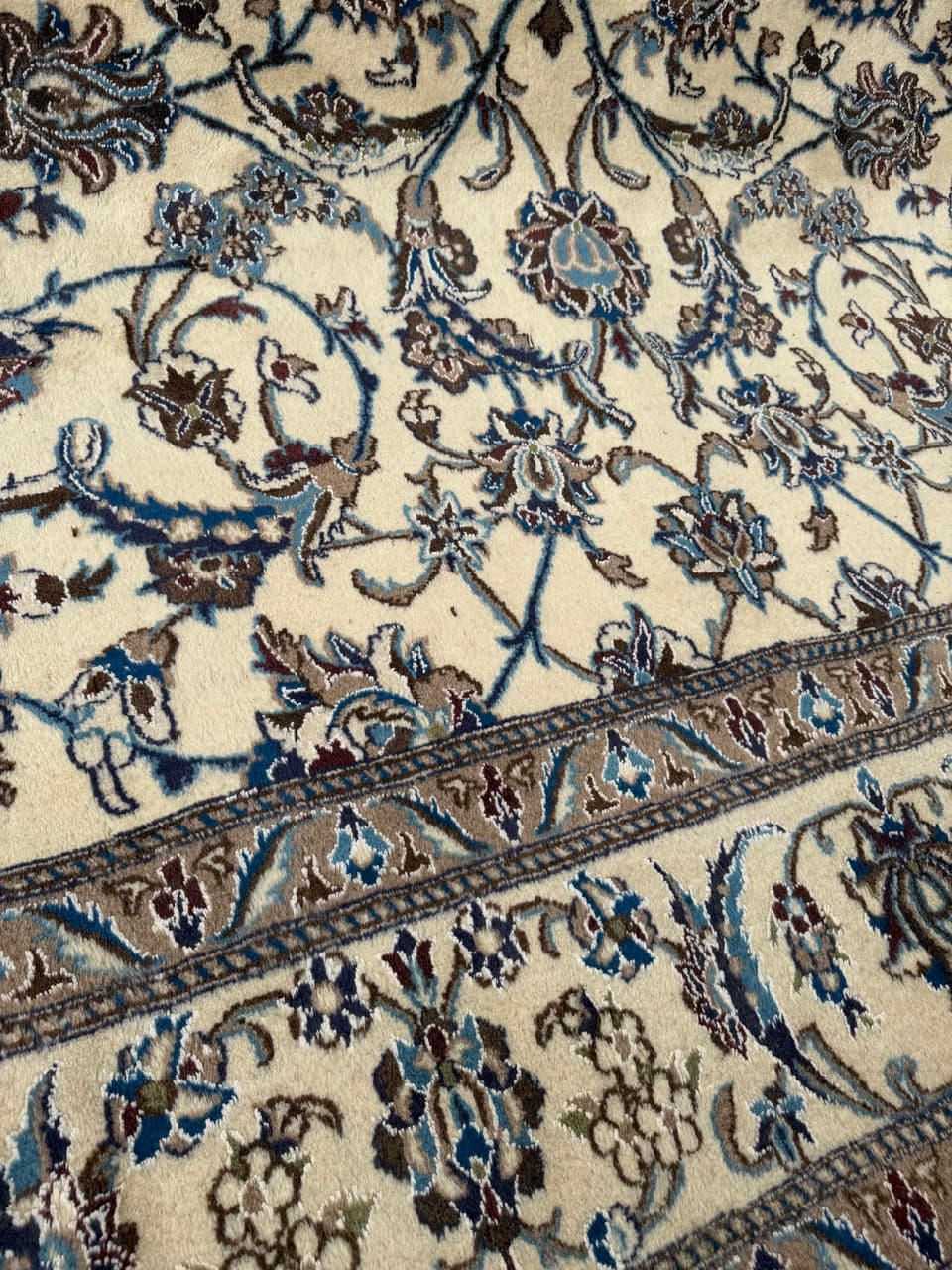 Dywan Nain 360x250 cm, kremowy niebieski brązowy, wełna kaszmirowa jedwab, Iran - 401469