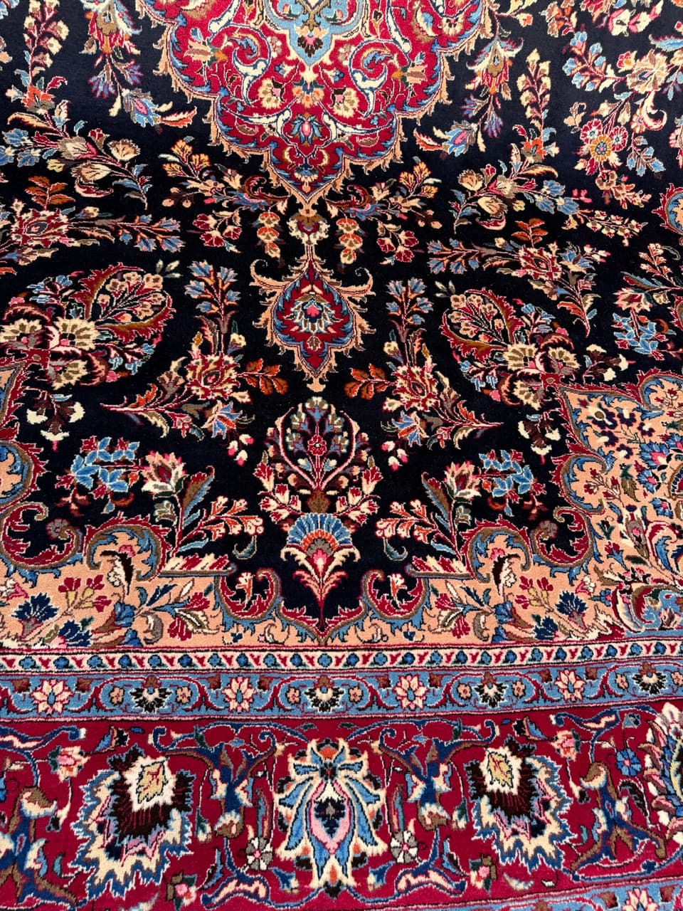Rug Kashmar Figural 400x300 cm, blue red white gold wool, Iran - 401518