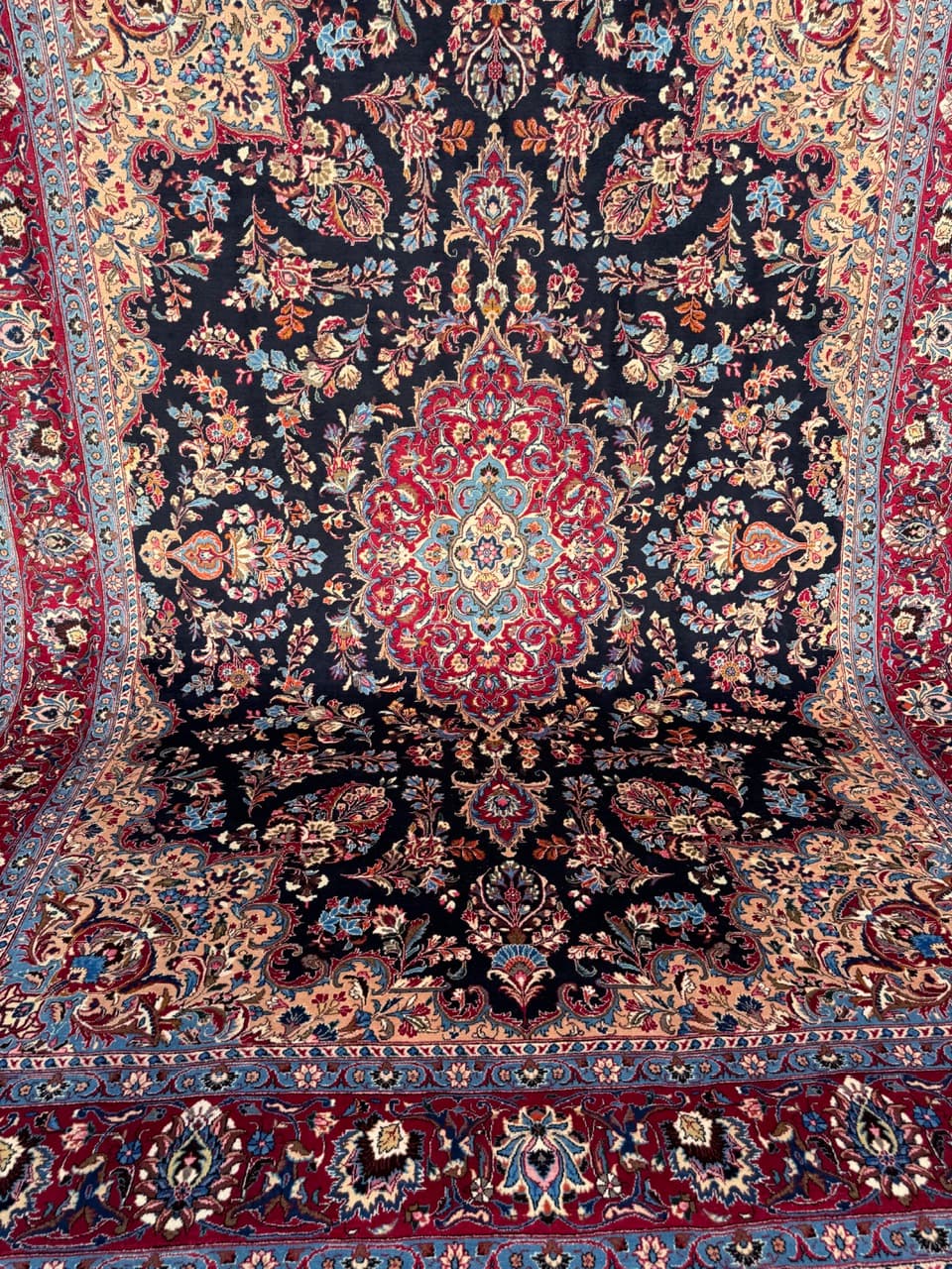Rug Kashmar Figural 400x300 cm, blue red white gold wool, Iran - 401514