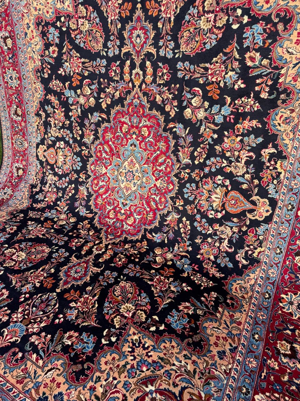 Rug Kashmar Figural 400x300 cm, blue red white gold wool, Iran - 401516