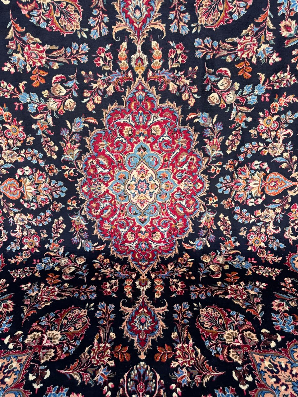 Rug Kashmar Figural 400x300 cm, blue red white gold wool, Iran - 401511