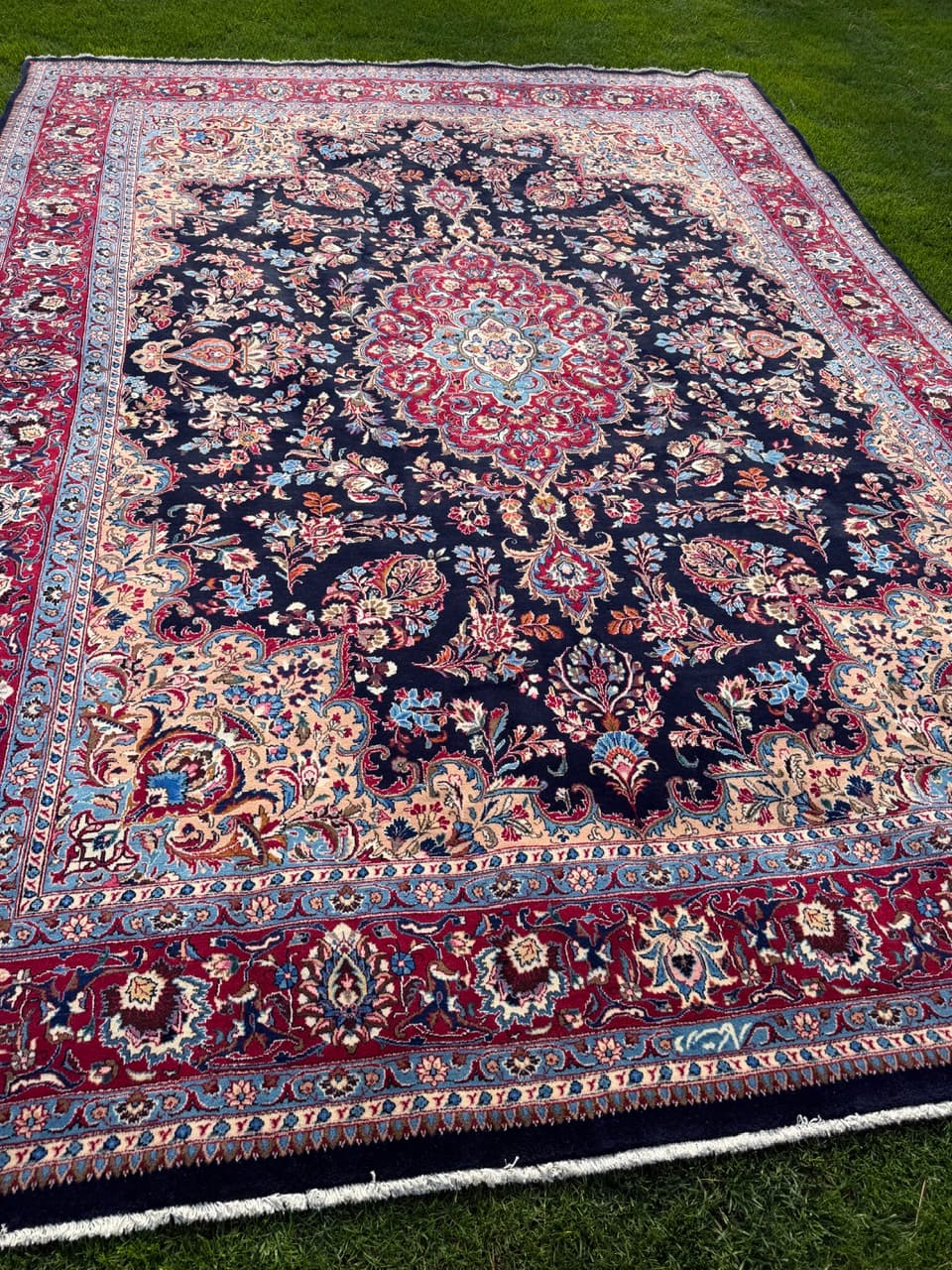Rug Kashmar Figural 400x300 cm, blue red white gold wool, Iran - 401521