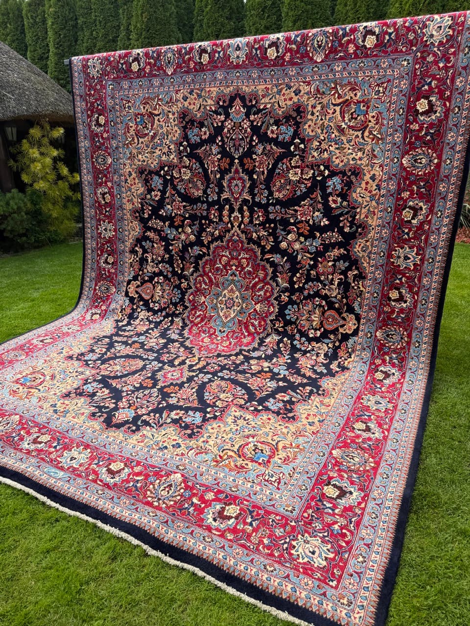 Rug Kashmar Figural 400x300 cm, blue red white gold wool, Iran - 401508