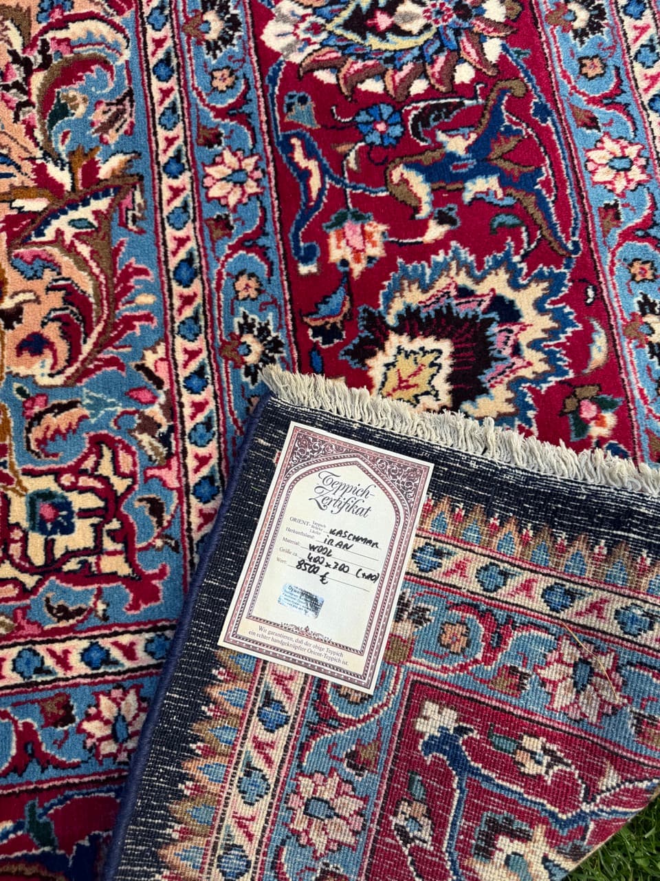 Rug Kashmar Figural 400x300 cm, blue red white gold wool, Iran - 401517