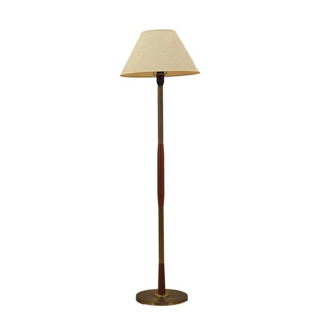 Floor lamp, brown wood, gold brass, beige fabric, Denmark, 1960s. - DIMENSION