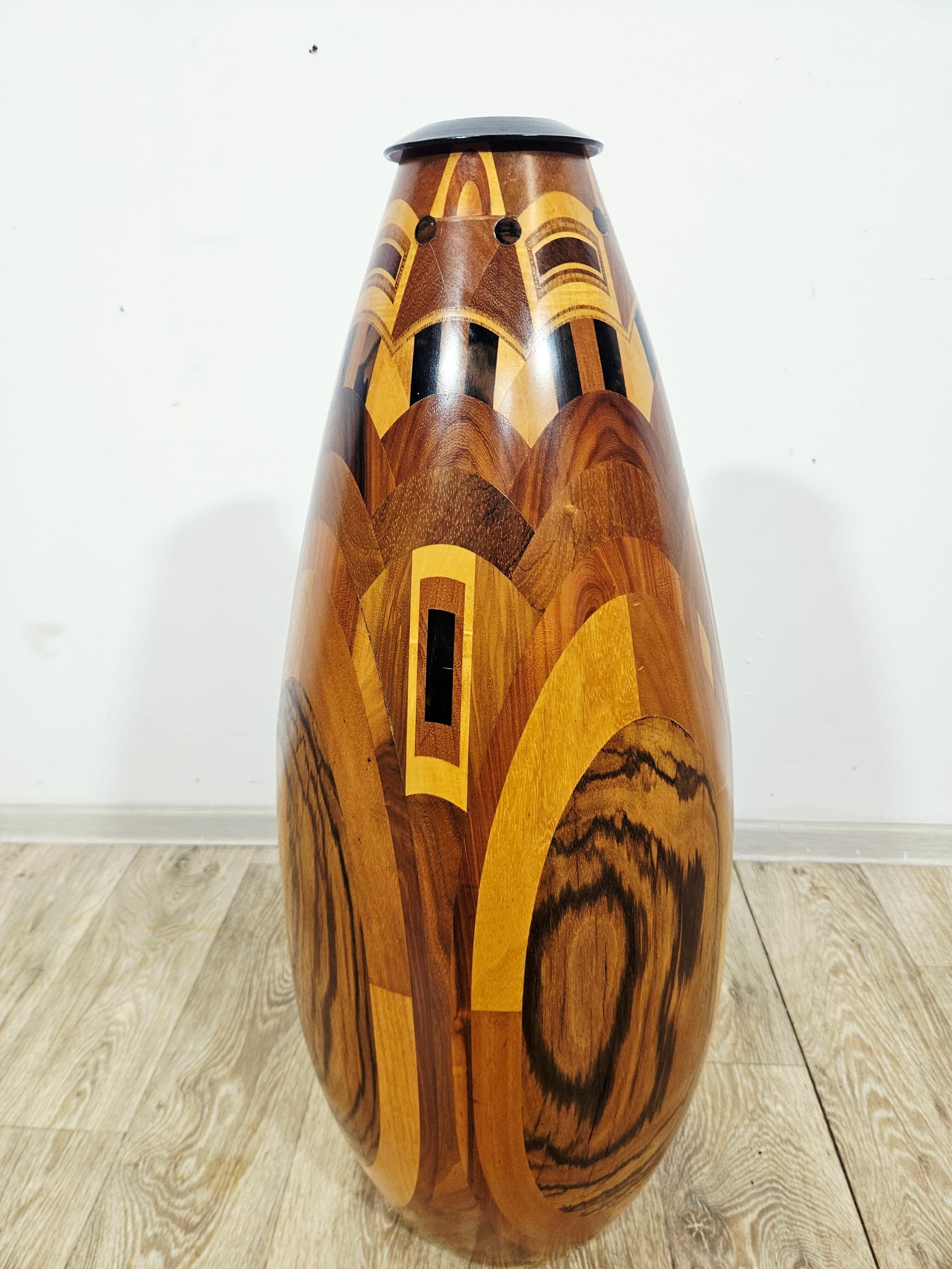 Floor vase, wooden marquetry brown black yellow, 1960s - 401699
