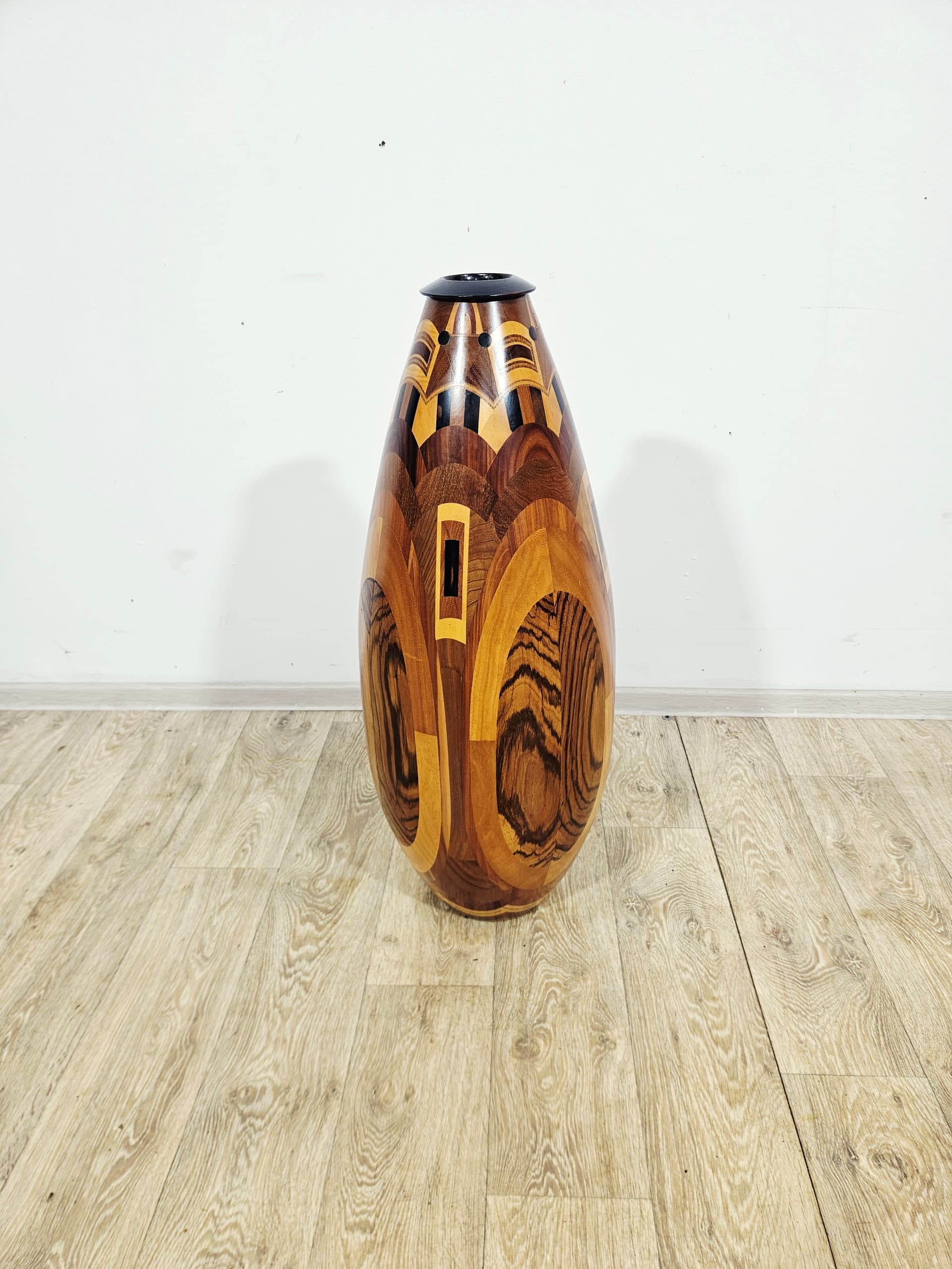 Floor vase, wooden marquetry brown black yellow, 1960s - 401687