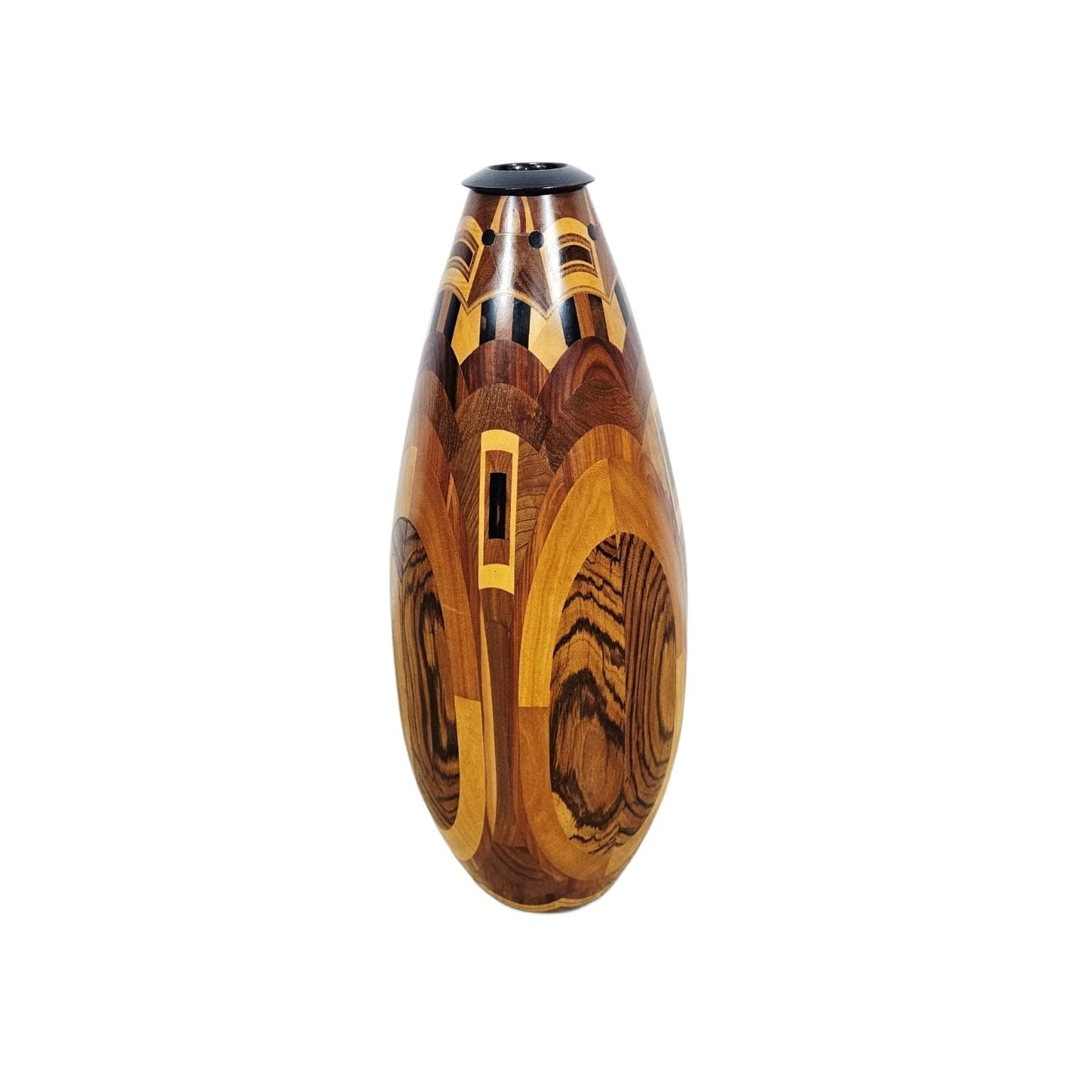 Floor vase, wooden marquetry brown black yellow, 1960s