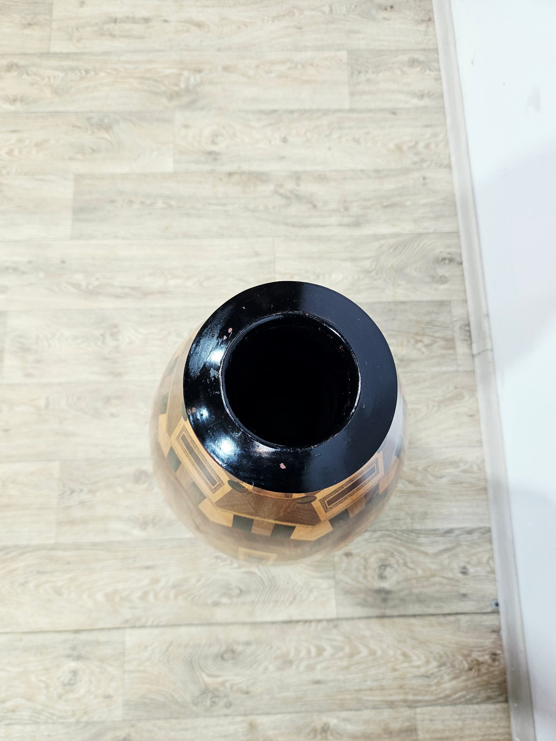 Floor vase, wooden marquetry brown black yellow, 1960s - 401690