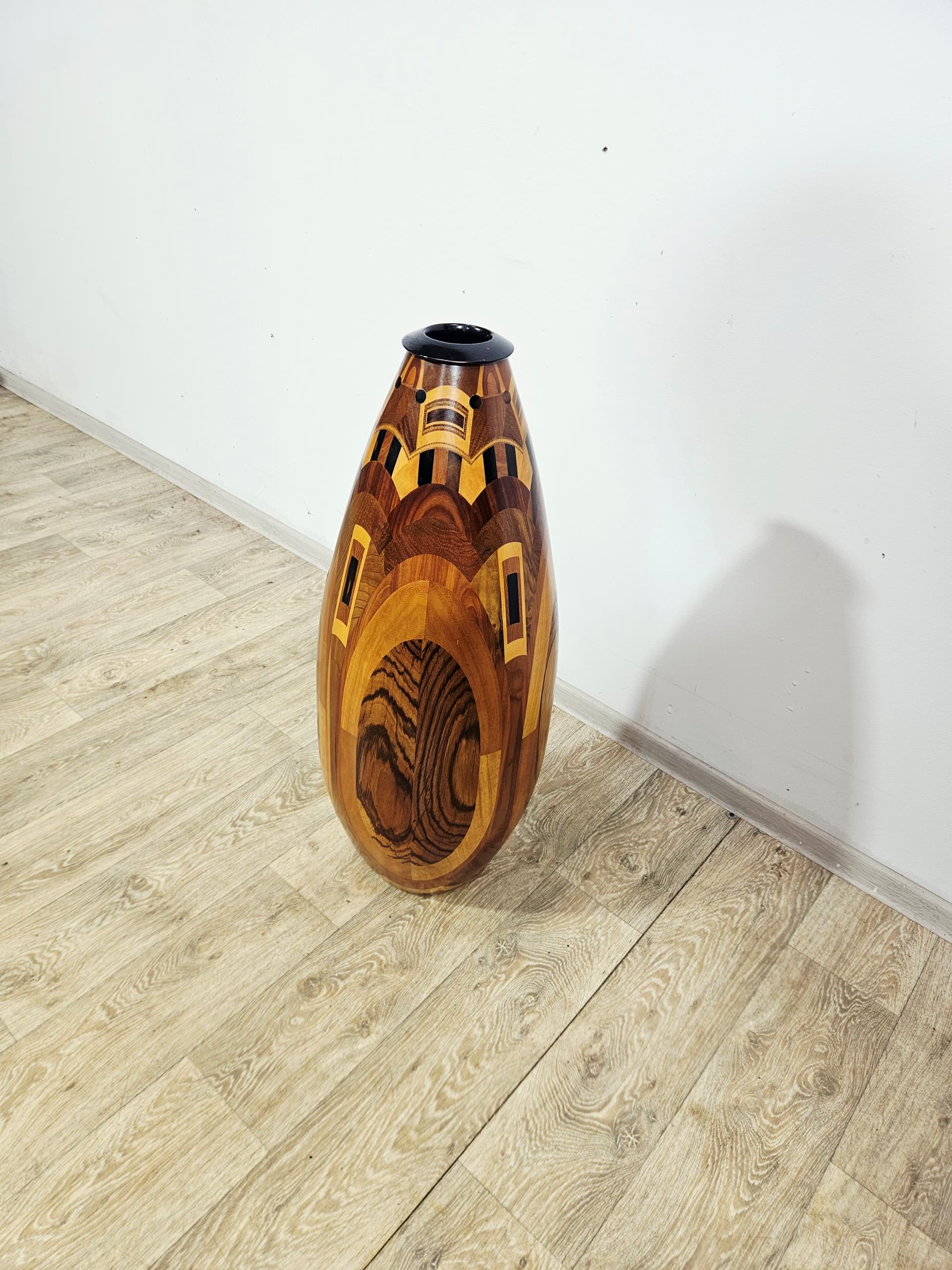 Floor vase, wooden marquetry brown black yellow, 1960s - 401689