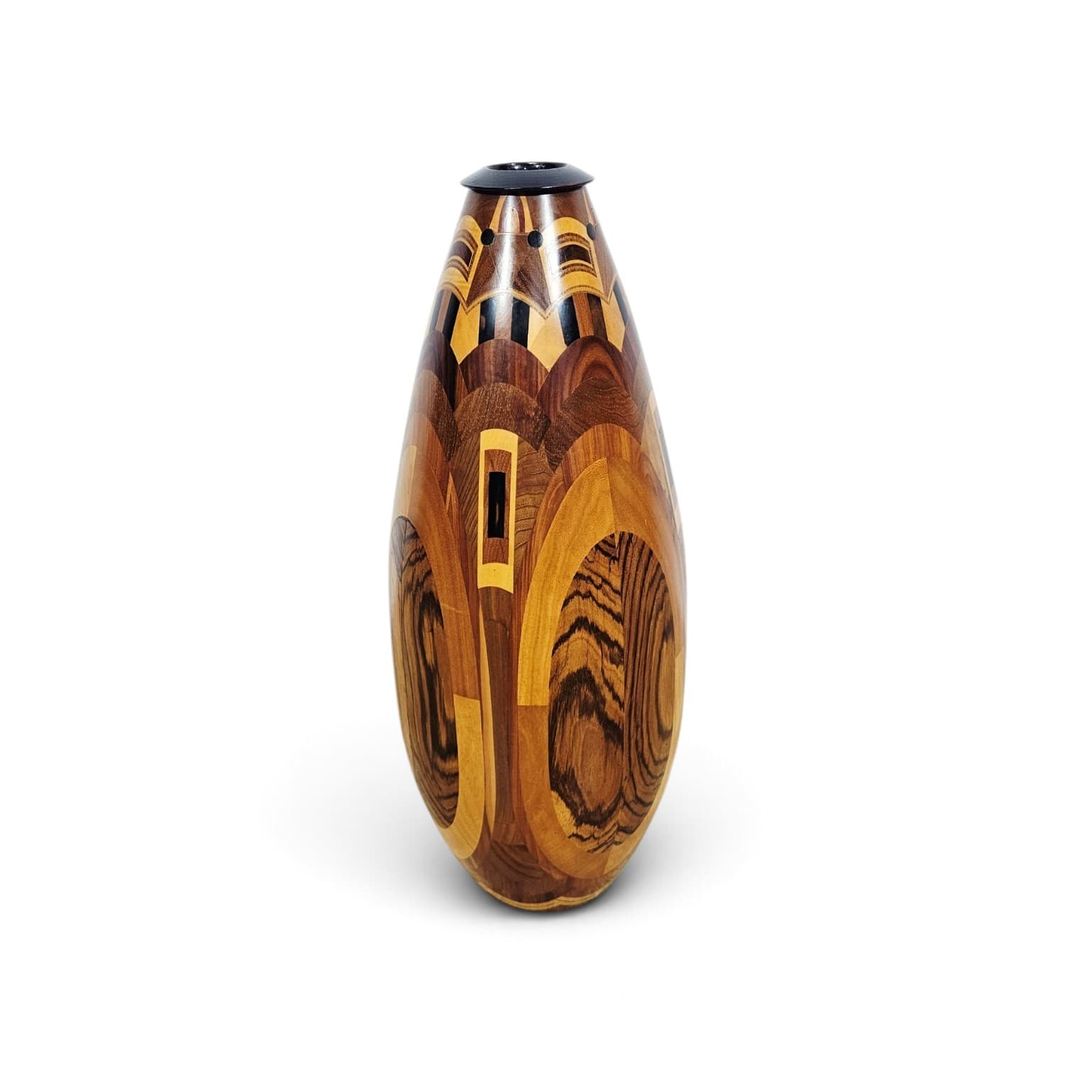 Floor vase, wooden marquetry brown black yellow, 1960s - 401686