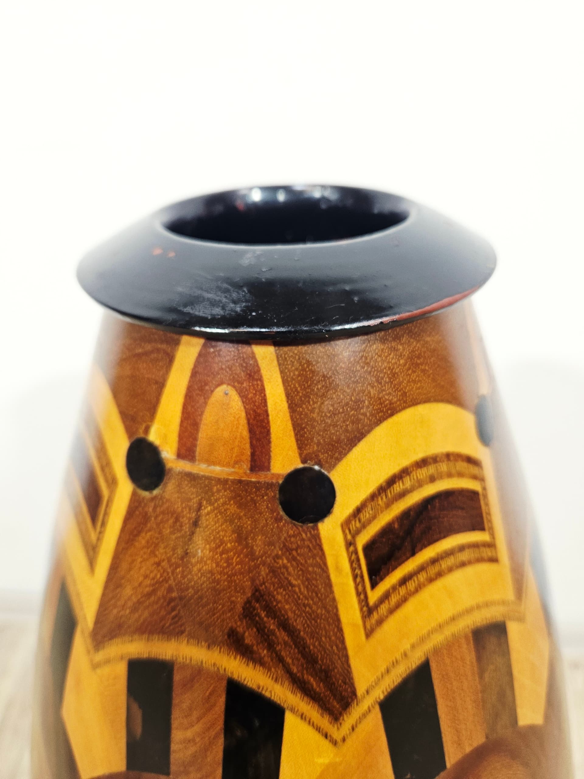 Floor vase, wooden marquetry brown black yellow, 1960s - 401691