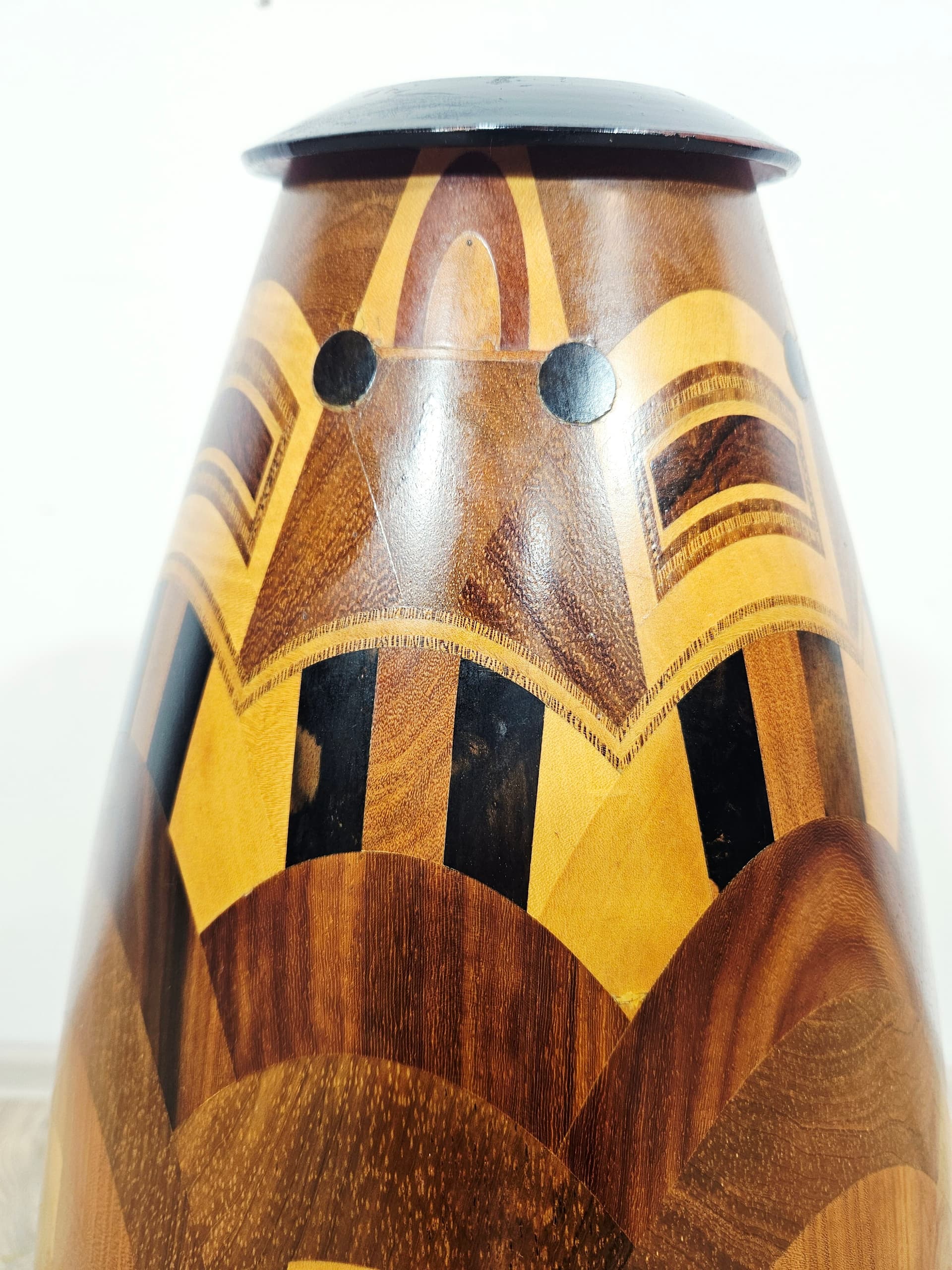 Floor vase, wooden marquetry brown black yellow, 1960s - 401692