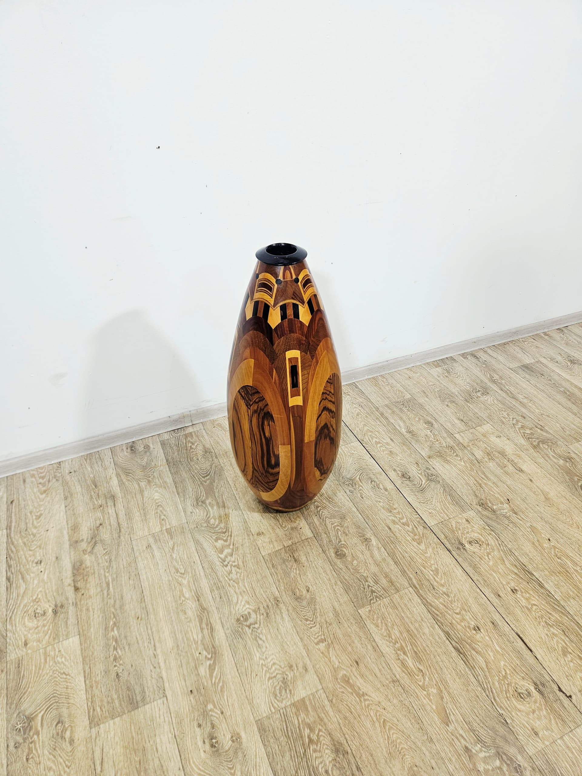 Floor vase, wooden marquetry brown black yellow, 1960s - 401688