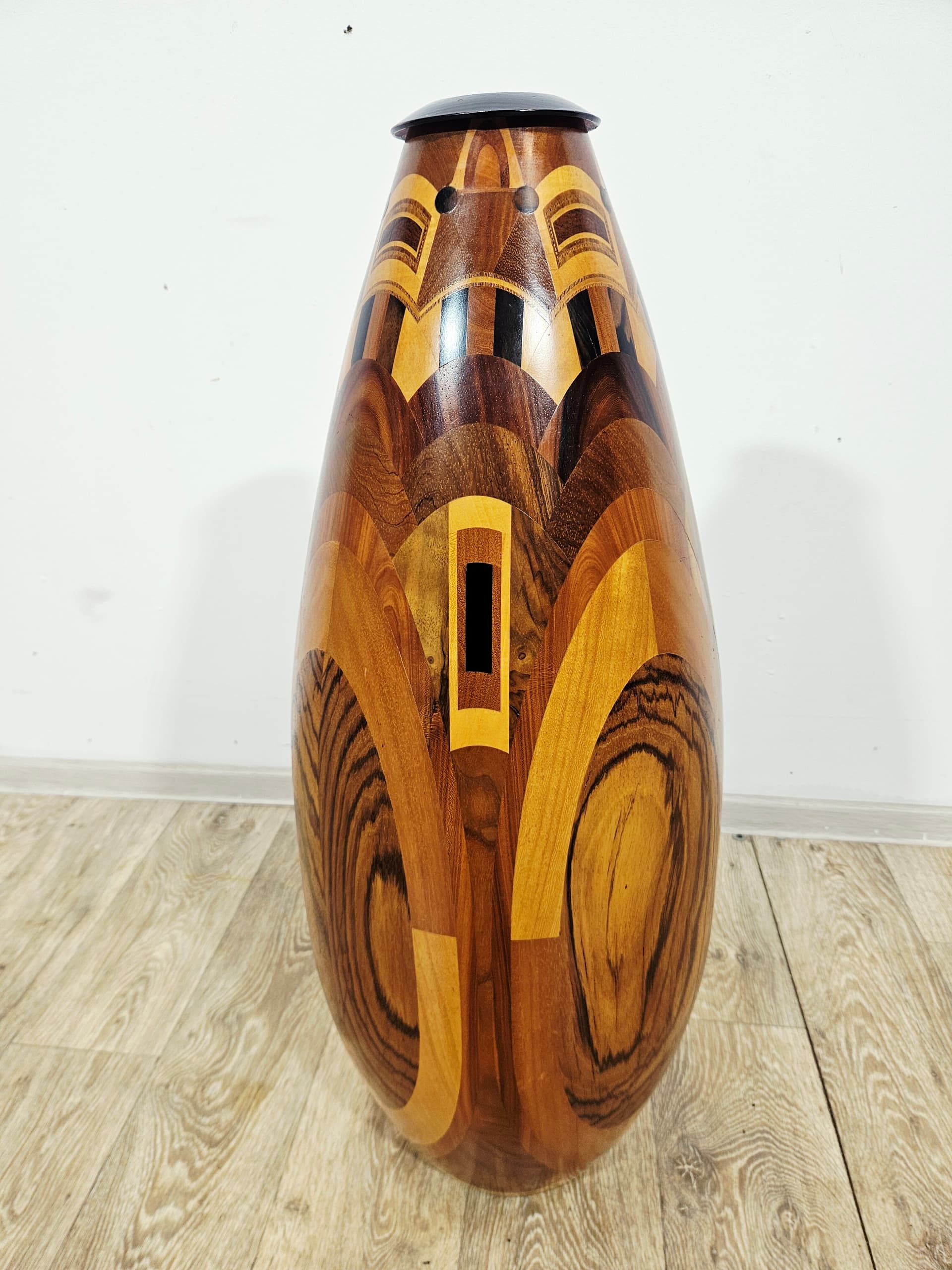 Floor vase, wooden marquetry brown black yellow, 1960s - 401698