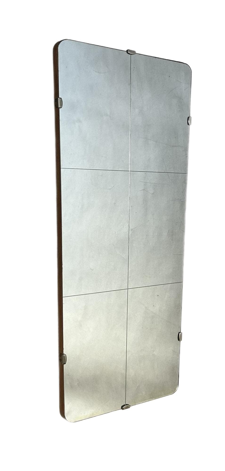 Wall mirror, silver glass, brown wood, Poland, 1970s