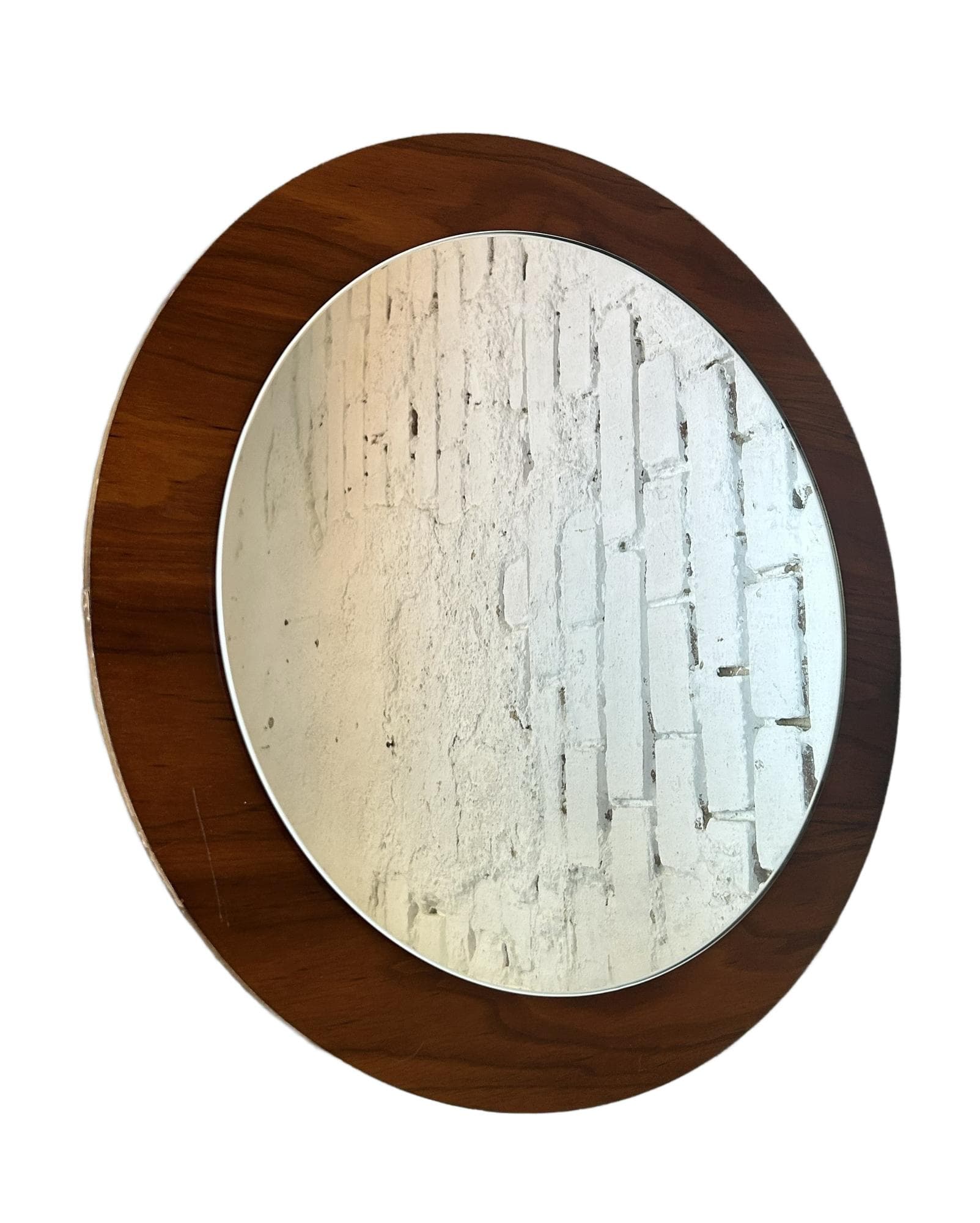 Round wall mirror 55 cm, walnut, glass, Poland, 1970s