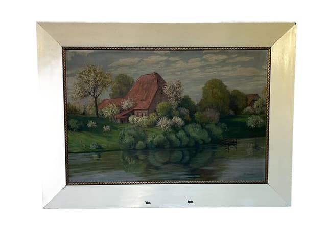 Obraz olejny pejzaż, płótno, 95x70 cm, aut. M. Mühler, Europa, ok. 1900 - WYMIARY
