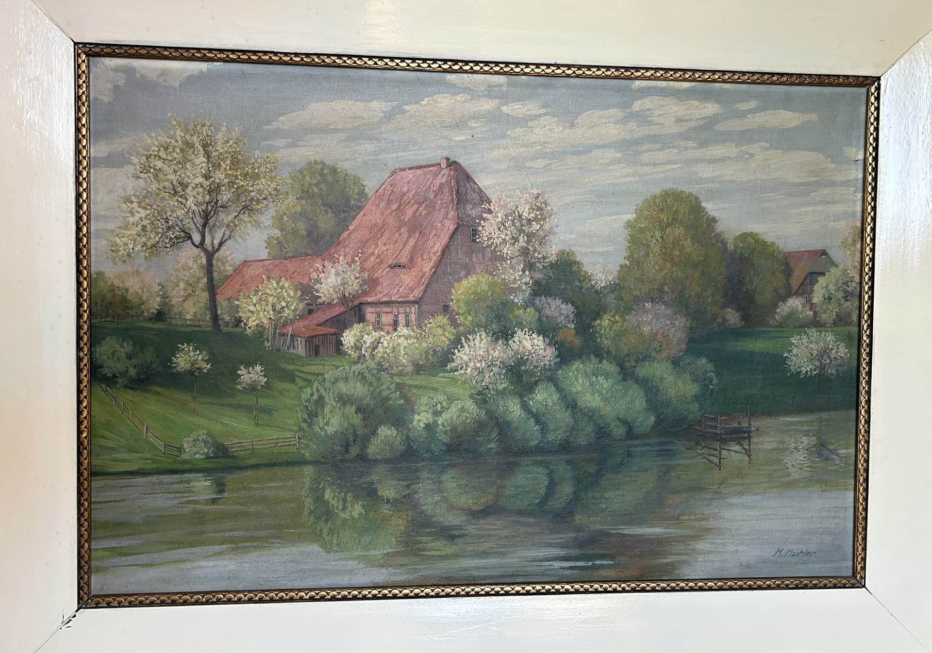 Obraz olejny pejzaż, płótno, 95x70 cm, aut. M. Mühler, Europa, ok. 1900 - 401941