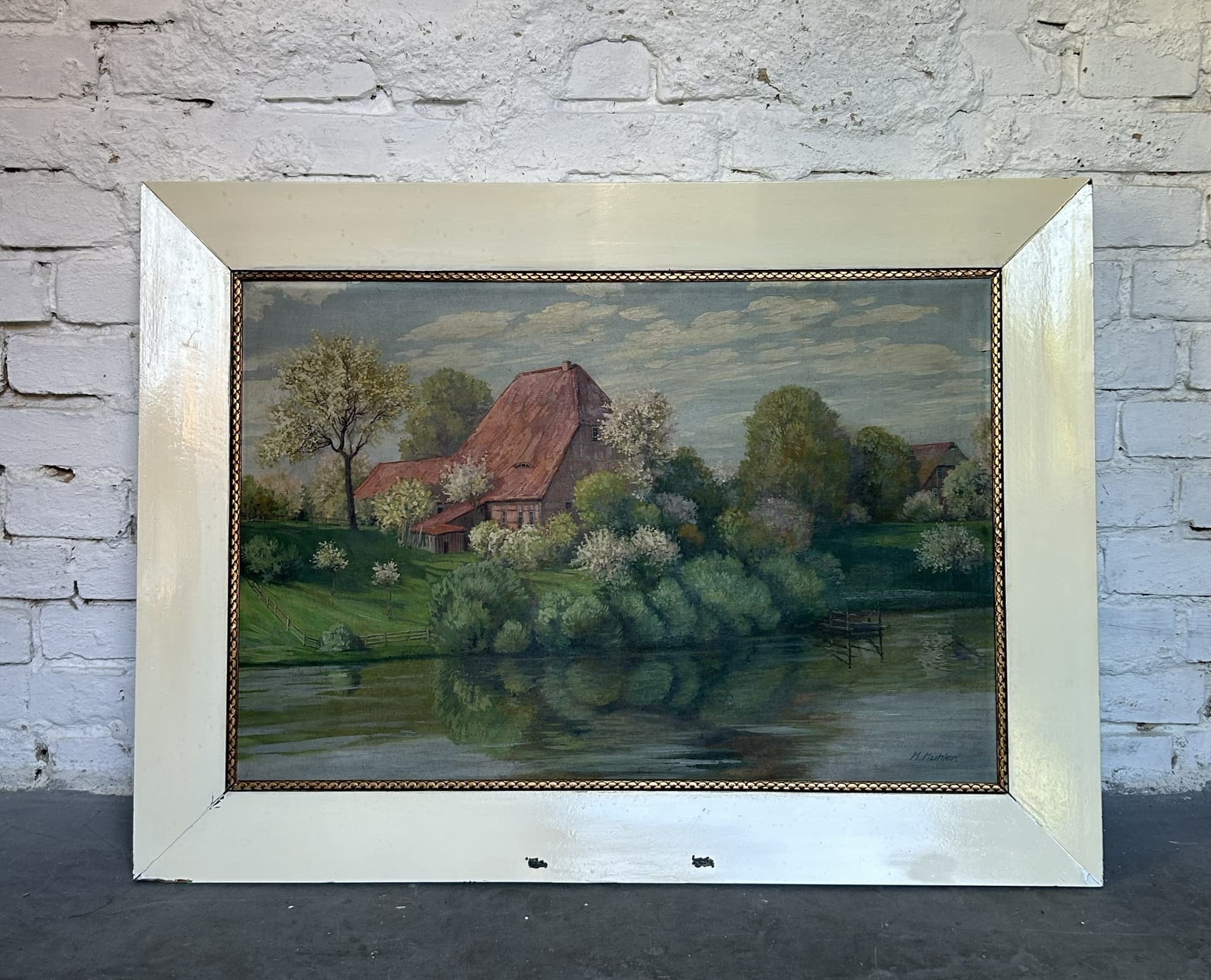 Obraz olejny pejzaż, płótno, 95x70 cm, aut. M. Mühler, Europa, ok. 1900 - 401934