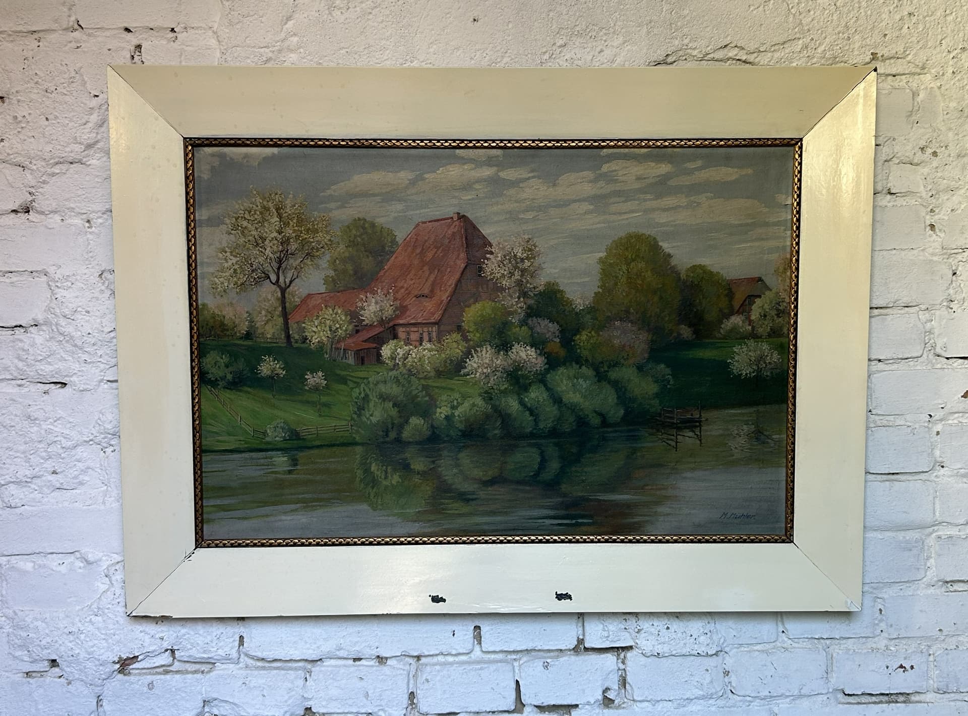 Obraz olejny pejzaż, płótno, 95x70 cm, aut. M. Mühler, Europa, ok. 1900 - 401932