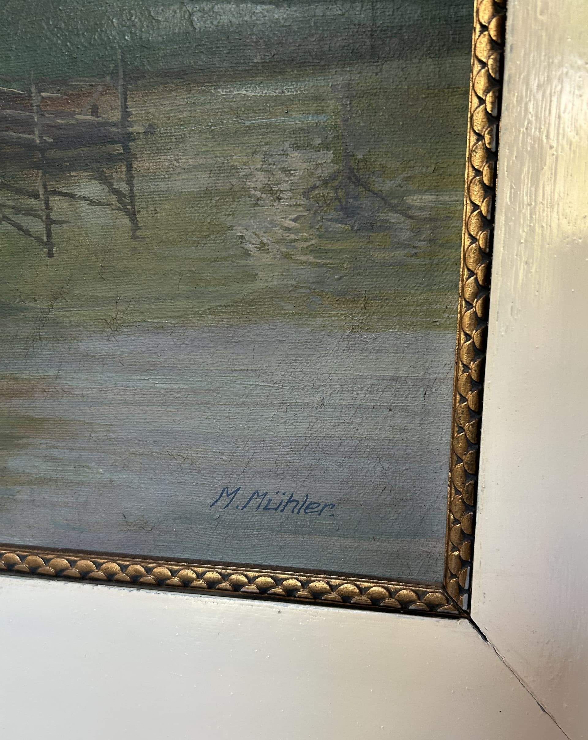 Obraz olejny pejzaż, płótno, 95x70 cm, aut. M. Mühler, Europa, ok. 1900 - 401938