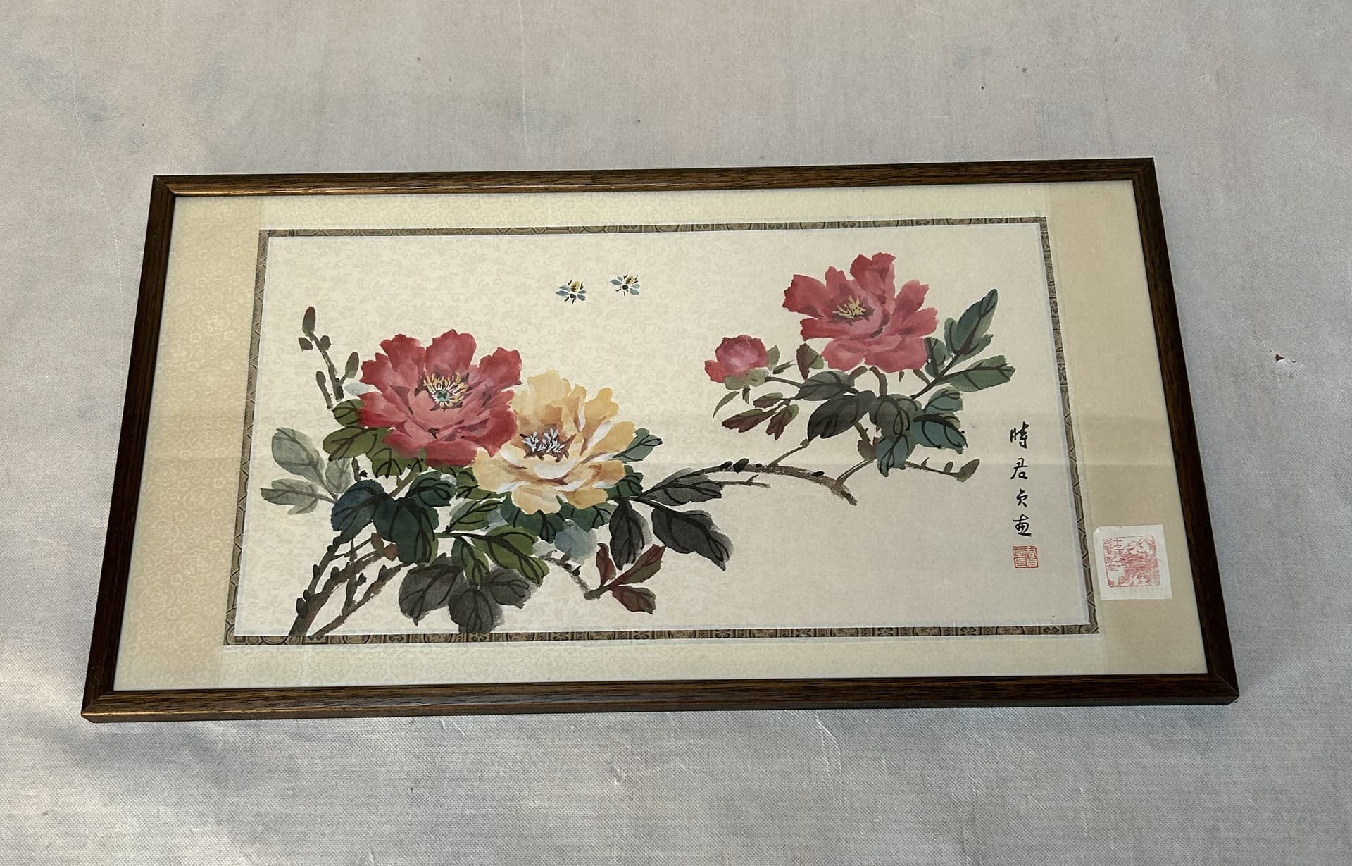 Obraz akwarela, piwonie, czerwony żółty zielony, papier, 66x37 cm - 401956
