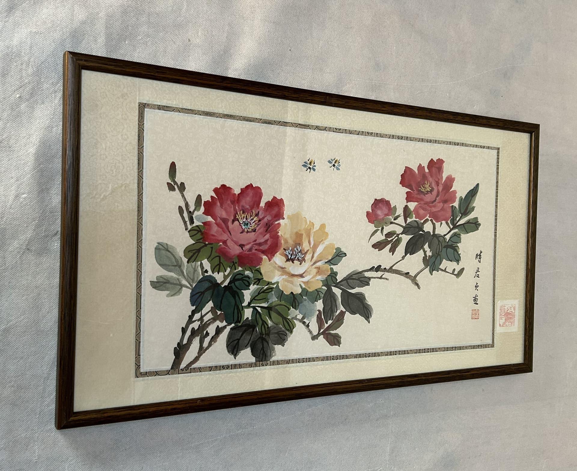 Obraz akwarela, piwonie, czerwony żółty zielony, papier, 66x37 cm - 401957