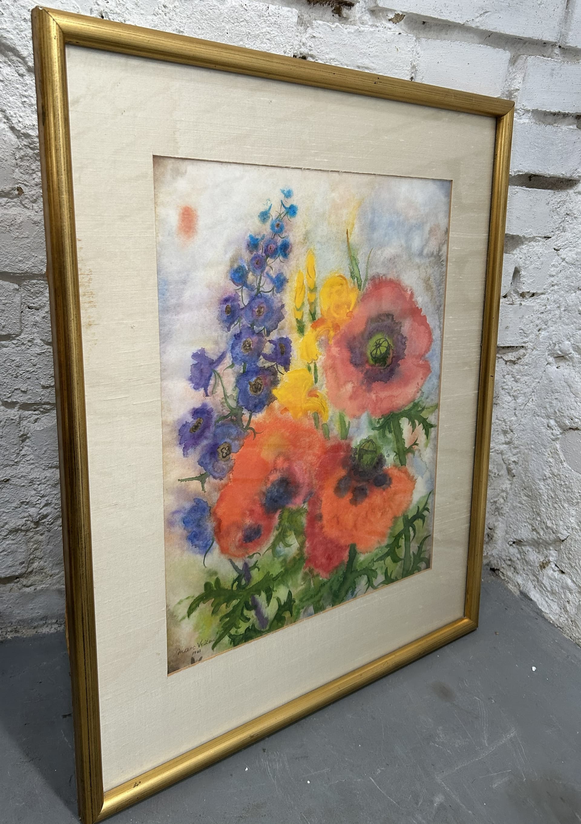 Watercolor, red, paper, gold wood frame, by M. Velten, 58x69.5 cm, 1983 - 401969