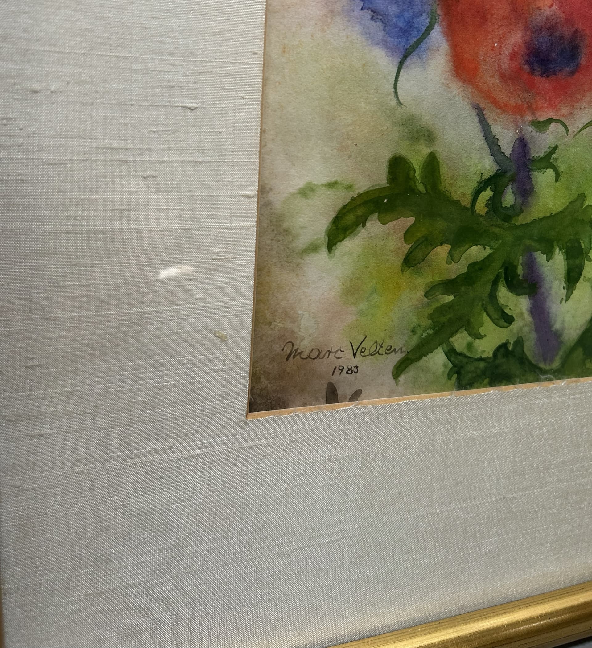 Watercolor, red, paper, gold wood frame, by M. Velten, 58x69.5 cm, 1983 - 401968