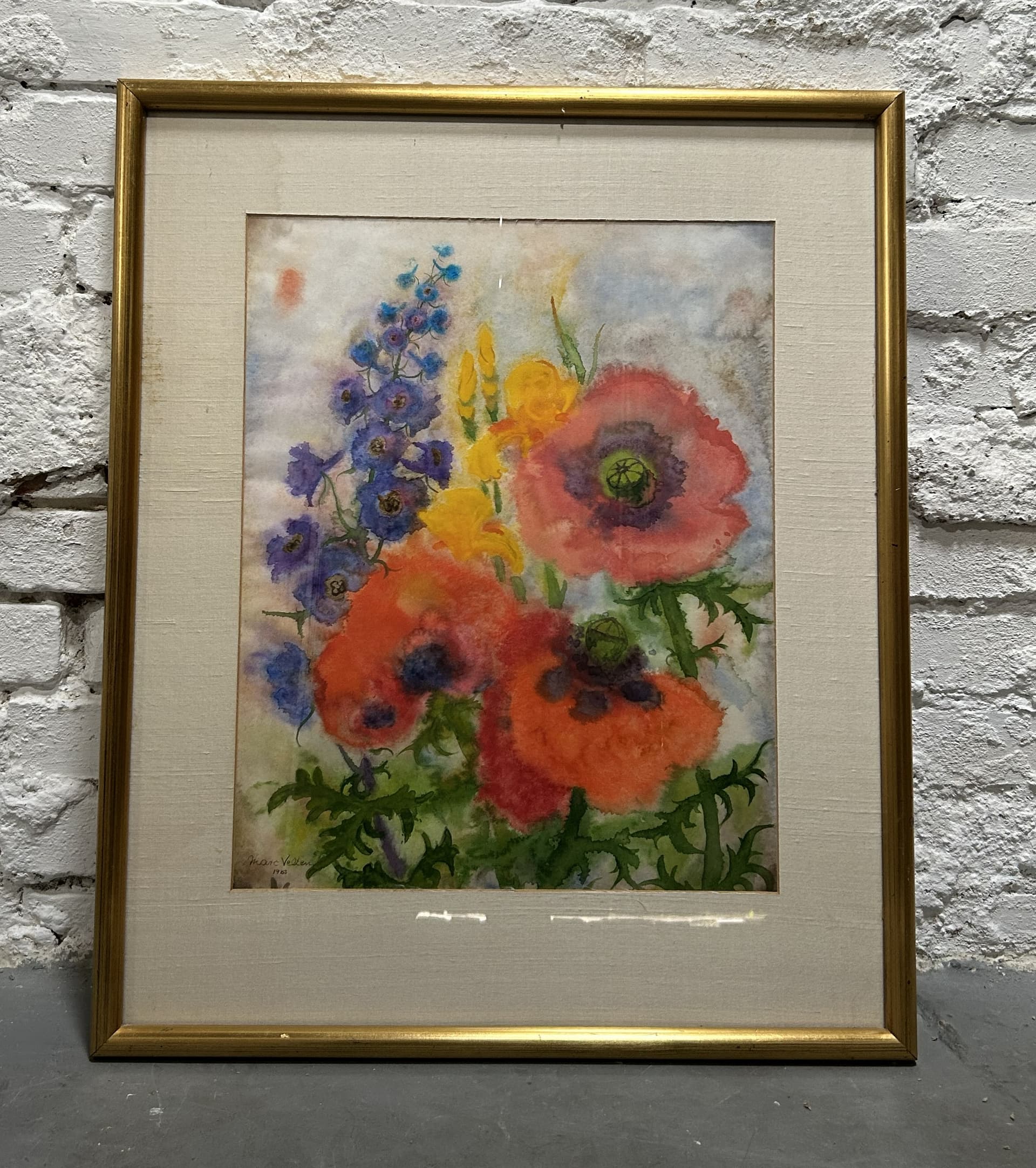 Watercolor, red, paper, gold wood frame, by M. Velten, 58x69.5 cm, 1983 - 401965