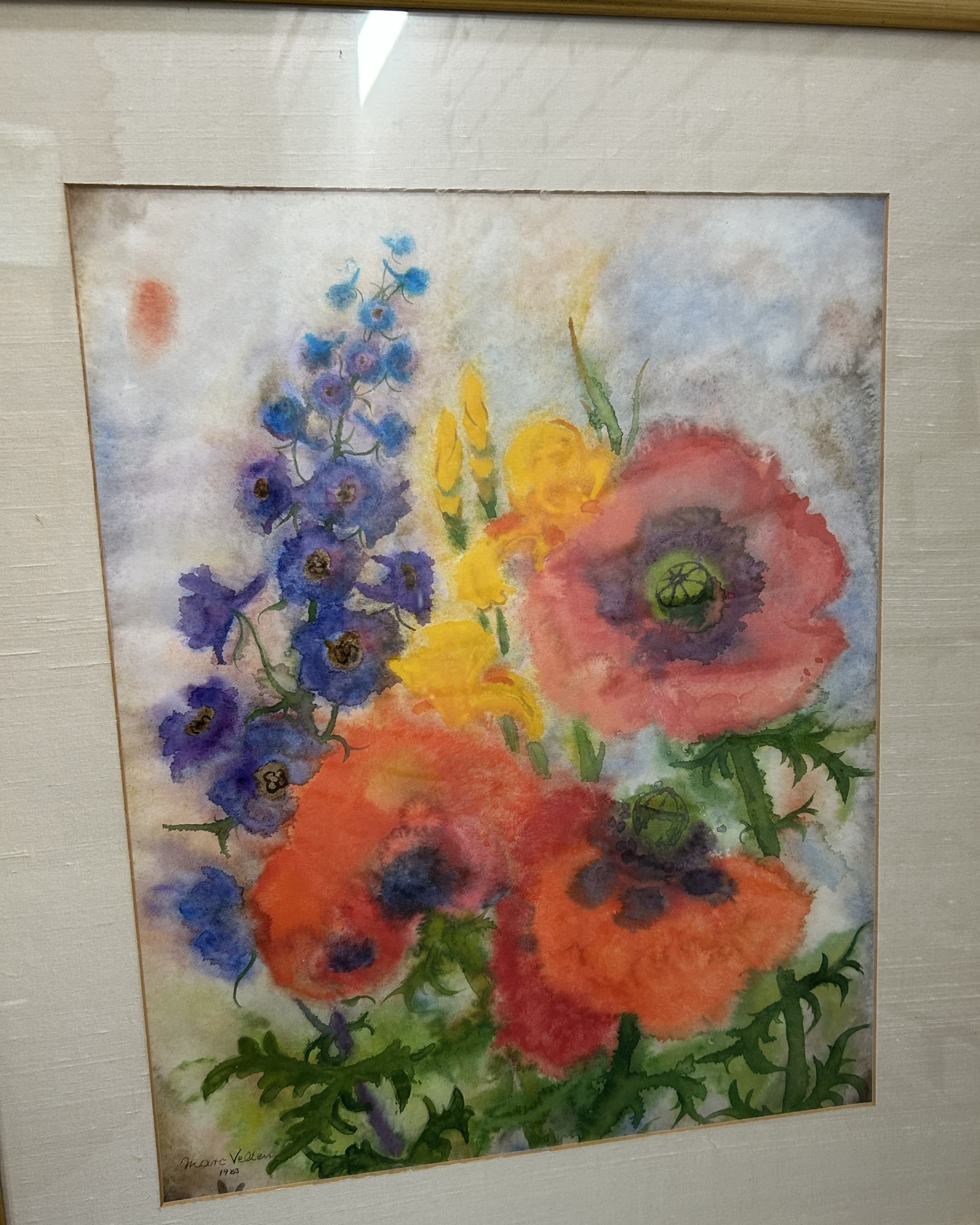 Watercolor, red, paper, gold wood frame, by M. Velten, 58x69.5 cm, 1983 - 401970