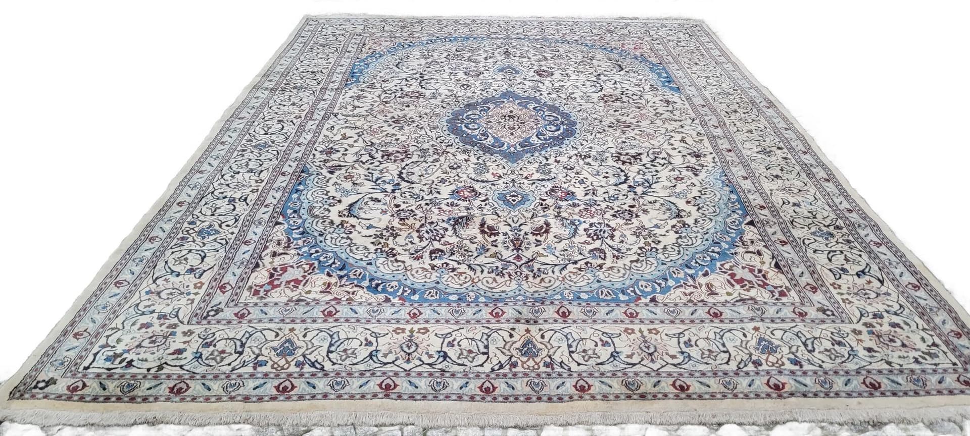 Rug Nain 300x430 cm, white blue, wool silk, Iran, 1970s.