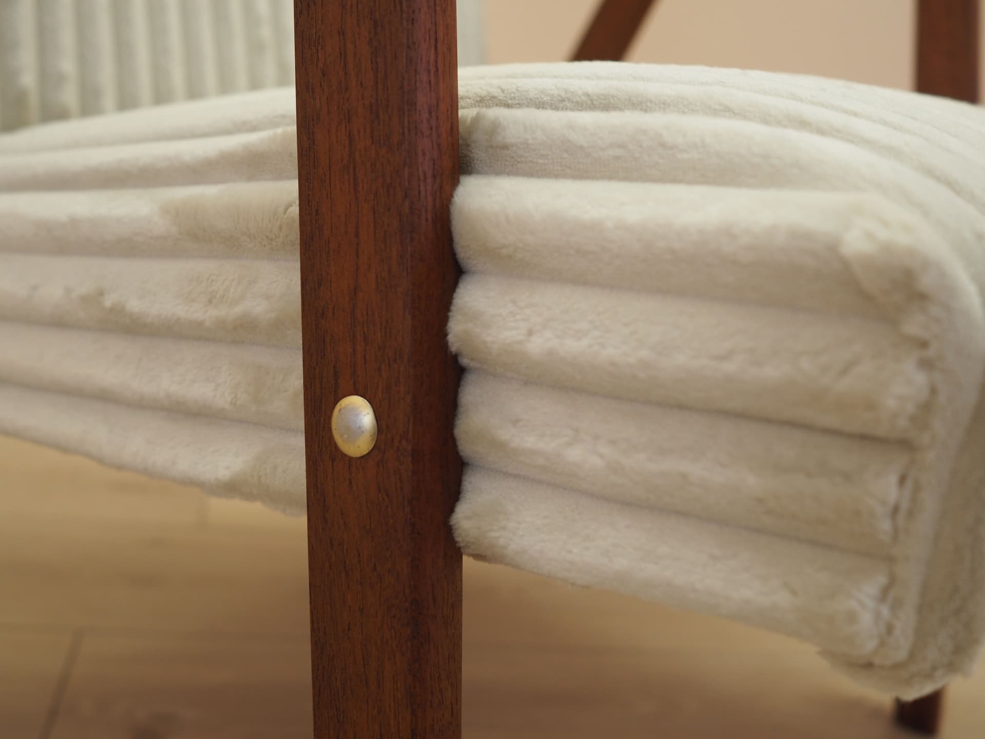Lounge chair, brown teak, beige velvet, Denmark, 1960s. - 402115