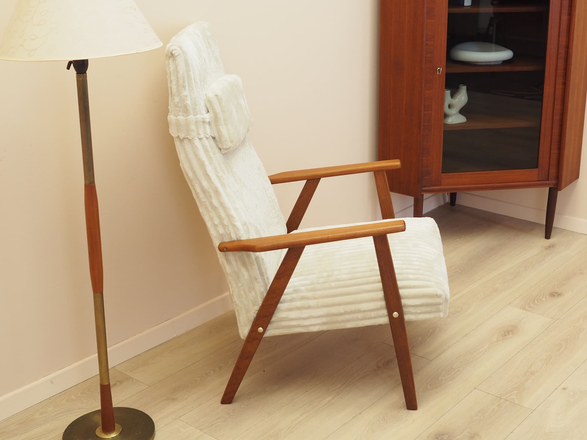 Lounge chair, brown teak, beige velvet, Denmark, 1960s. - 402110