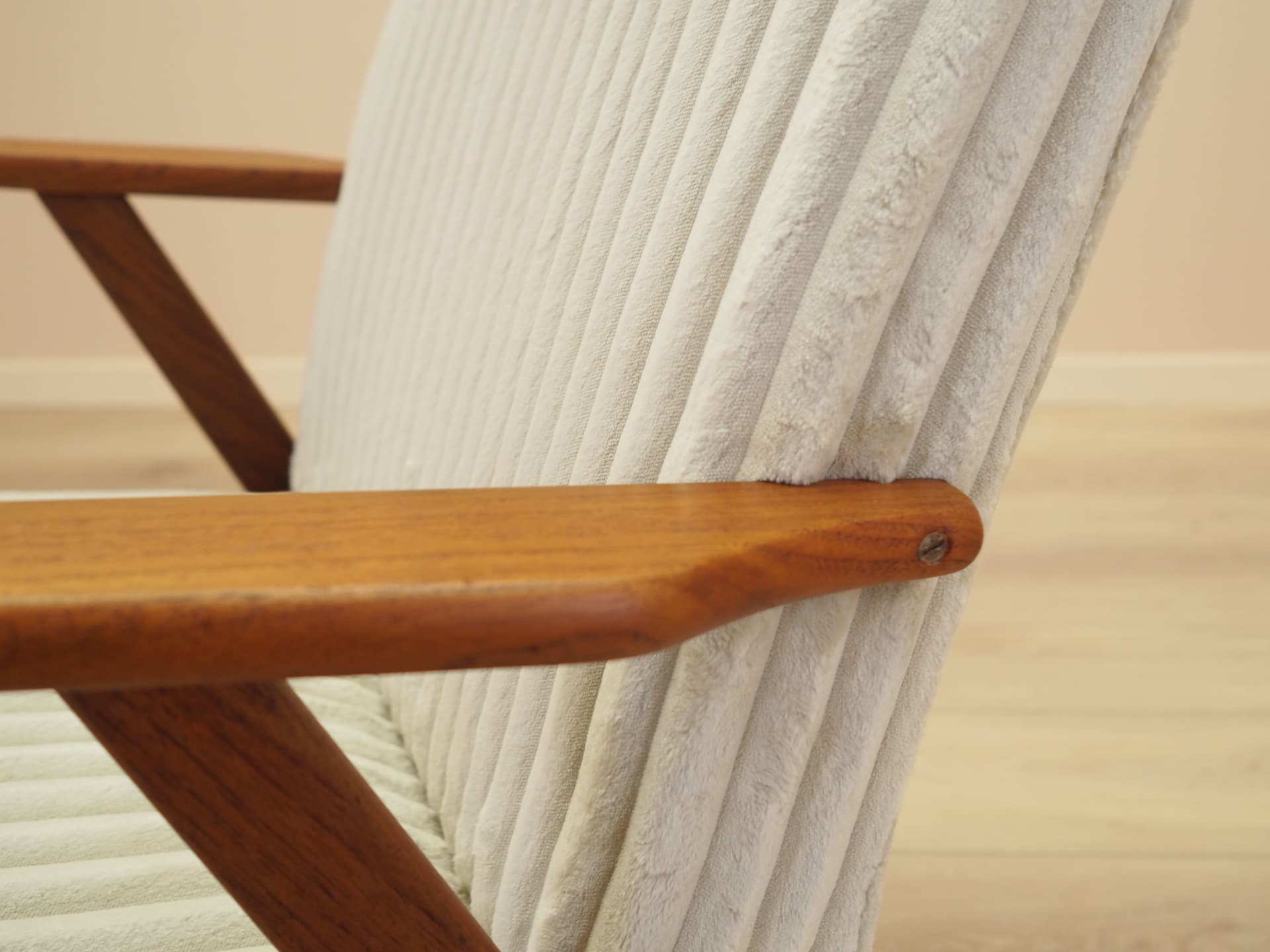 Lounge chair, brown teak, beige velvet, Denmark, 1960s. - 402119