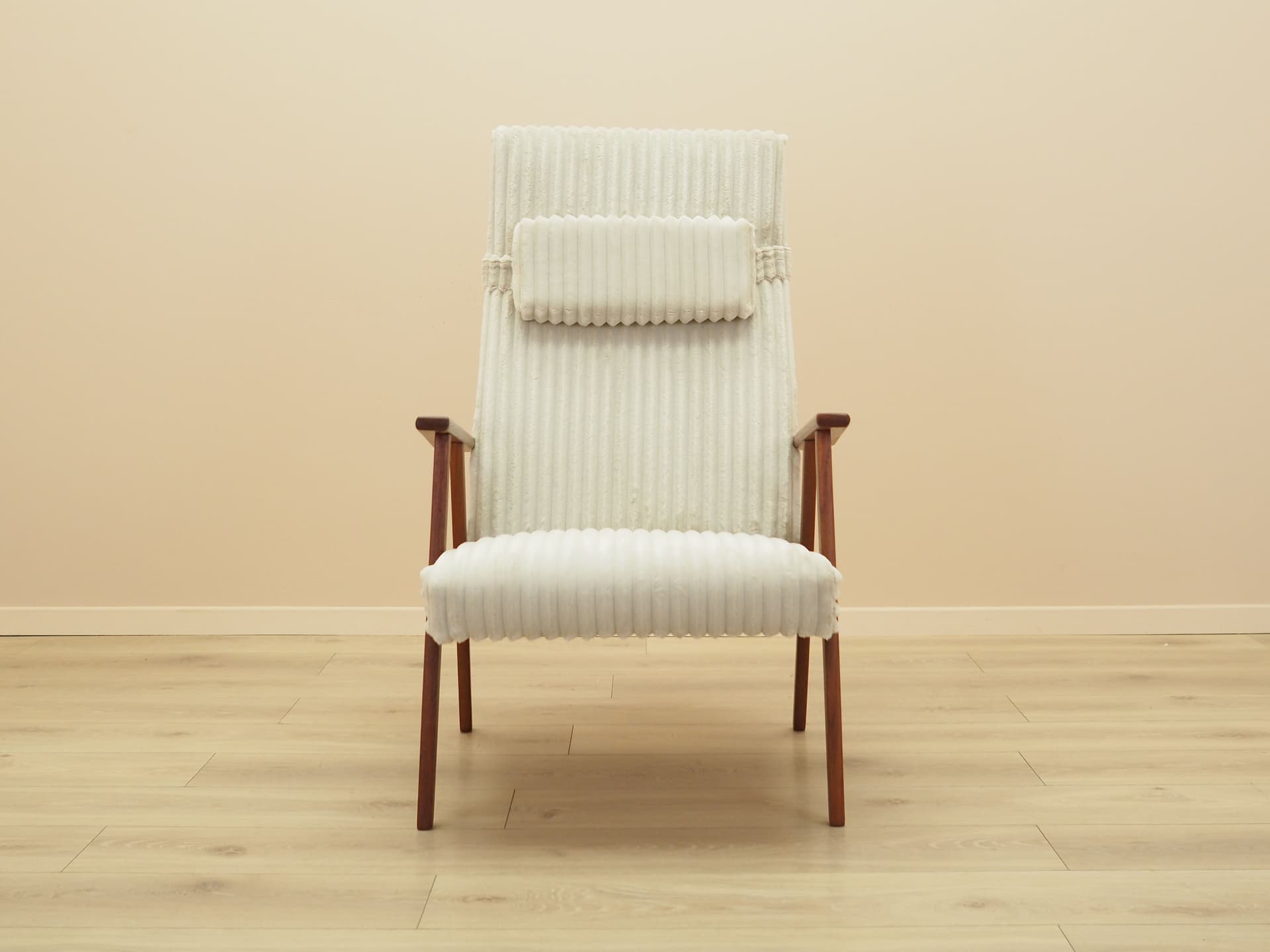 Lounge chair, brown teak, beige velvet, Denmark, 1960s. - 402111